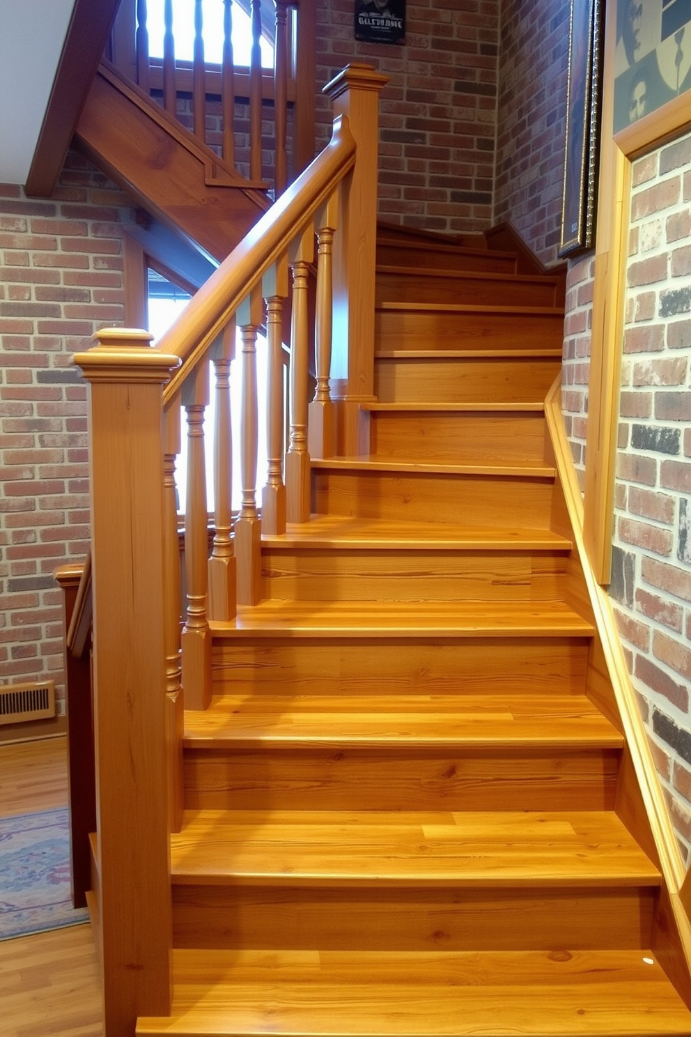 A stained wood staircase with a natural finish features wide, sturdy treads and elegant balusters that enhance its rustic charm. The surrounding walls are adorned with exposed brick, complementing the warm tones of the wood and creating a cozy atmosphere.