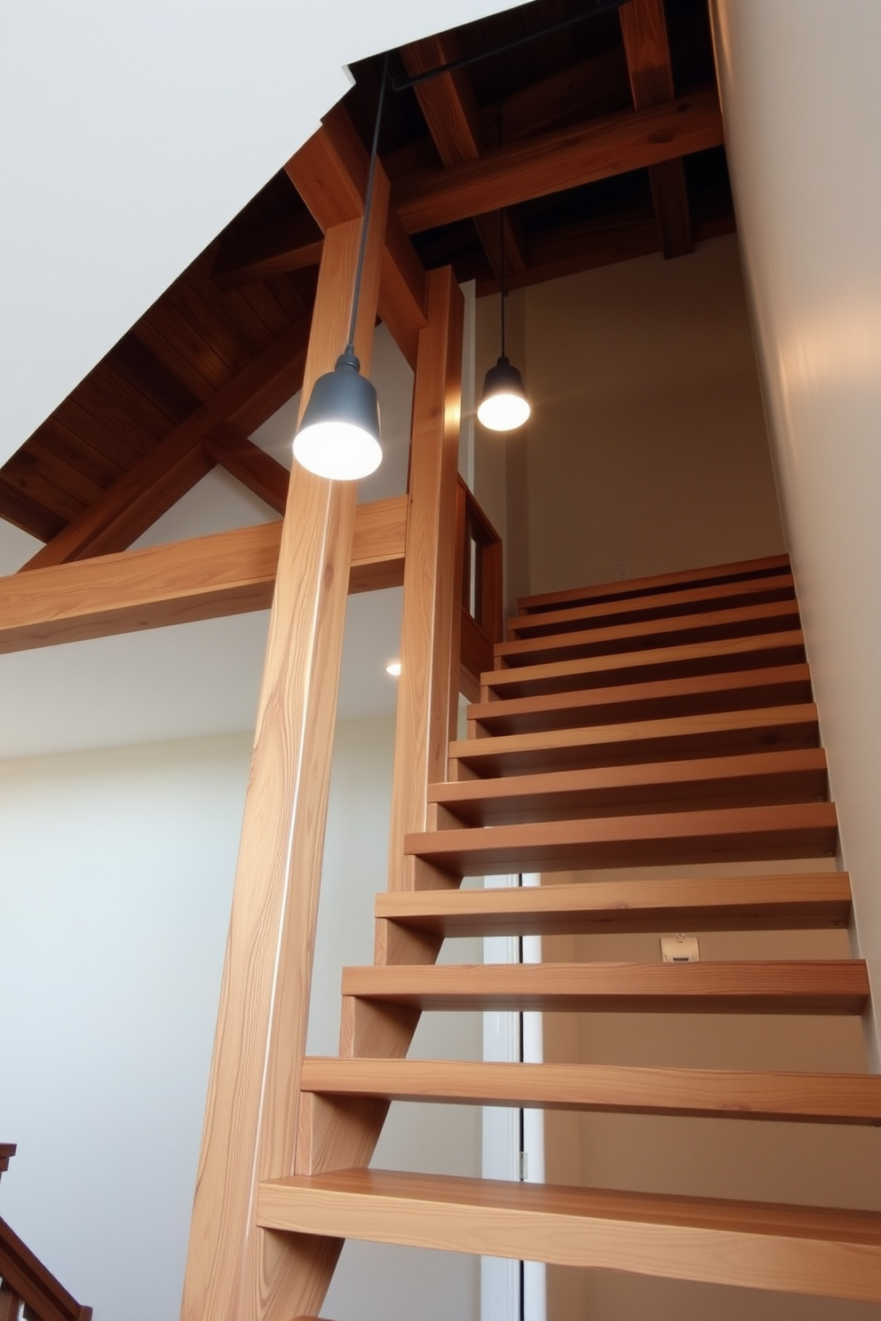 A stunning floating staircase features rustic wood beams that create a warm and inviting atmosphere. The steps are crafted from reclaimed wood, showcasing natural grain and texture, while the beams are exposed to enhance the rustic charm. The staircase is illuminated by soft pendant lights that hang from the ceiling, casting a gentle glow. A backdrop of neutral-colored walls complements the earthy tones of the wood, creating a harmonious and stylish focal point in the space.