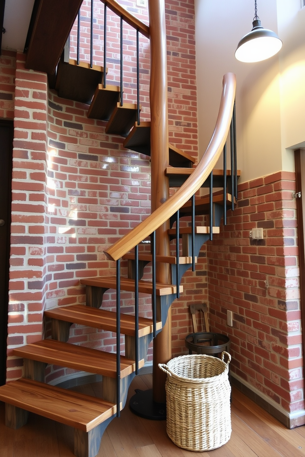 A rustic spiral staircase winds gracefully upward, featuring a sturdy wood handrail that adds warmth and character to the space. The steps are crafted from reclaimed wood, showcasing natural knots and grains that enhance the staircase's charm. Surrounding the staircase, exposed brick walls provide a cozy backdrop, while soft pendant lighting illuminates the area. A woven basket sits at the base, adding a touch of texture and a practical storage solution.