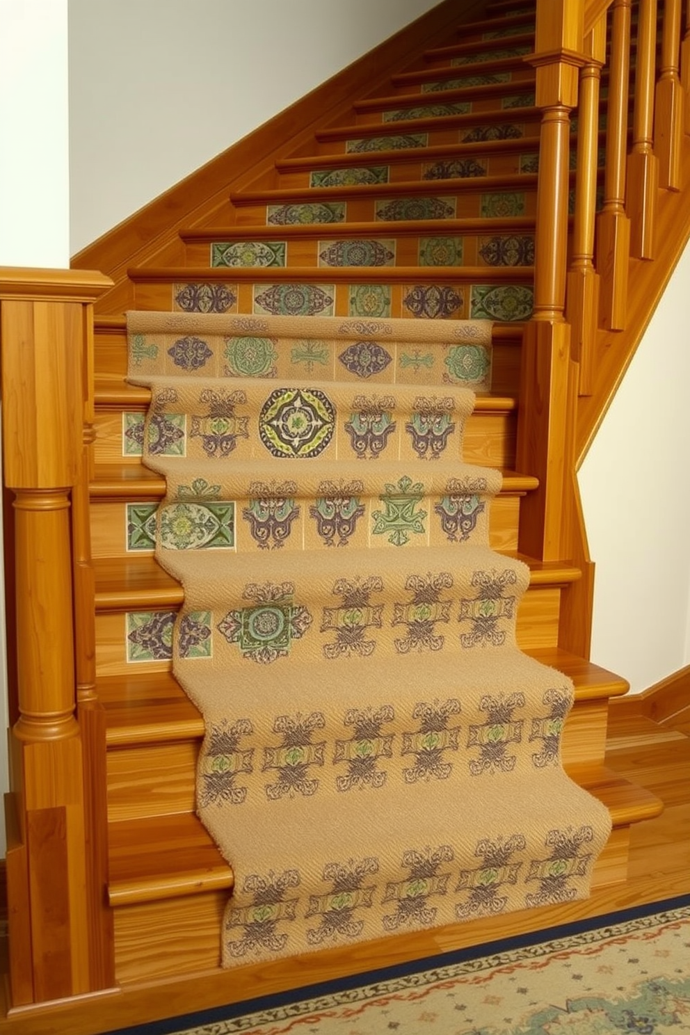 A wooden staircase with decorative tile risers showcases a blend of natural warmth and artistic flair. The rich tones of the wood contrast beautifully with the intricate patterns of the tiles, creating a striking visual appeal. The staircase is surrounded by soft, ambient lighting that highlights the craftsmanship of the wood and the unique designs of the risers. A cozy runner rug adds texture and comfort, inviting guests to ascend with ease.