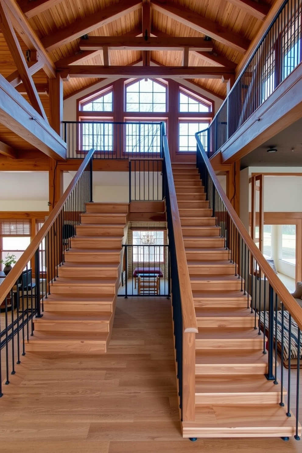 A simple wooden staircase with a natural finish leads to an open space above. The design features exposed wooden beams and large windows that allow ample light to flood the area. Rustic staircase design ideas include a combination of reclaimed wood and wrought iron railings. The warm tones of the wood complement the earthy textures of the surrounding decor.