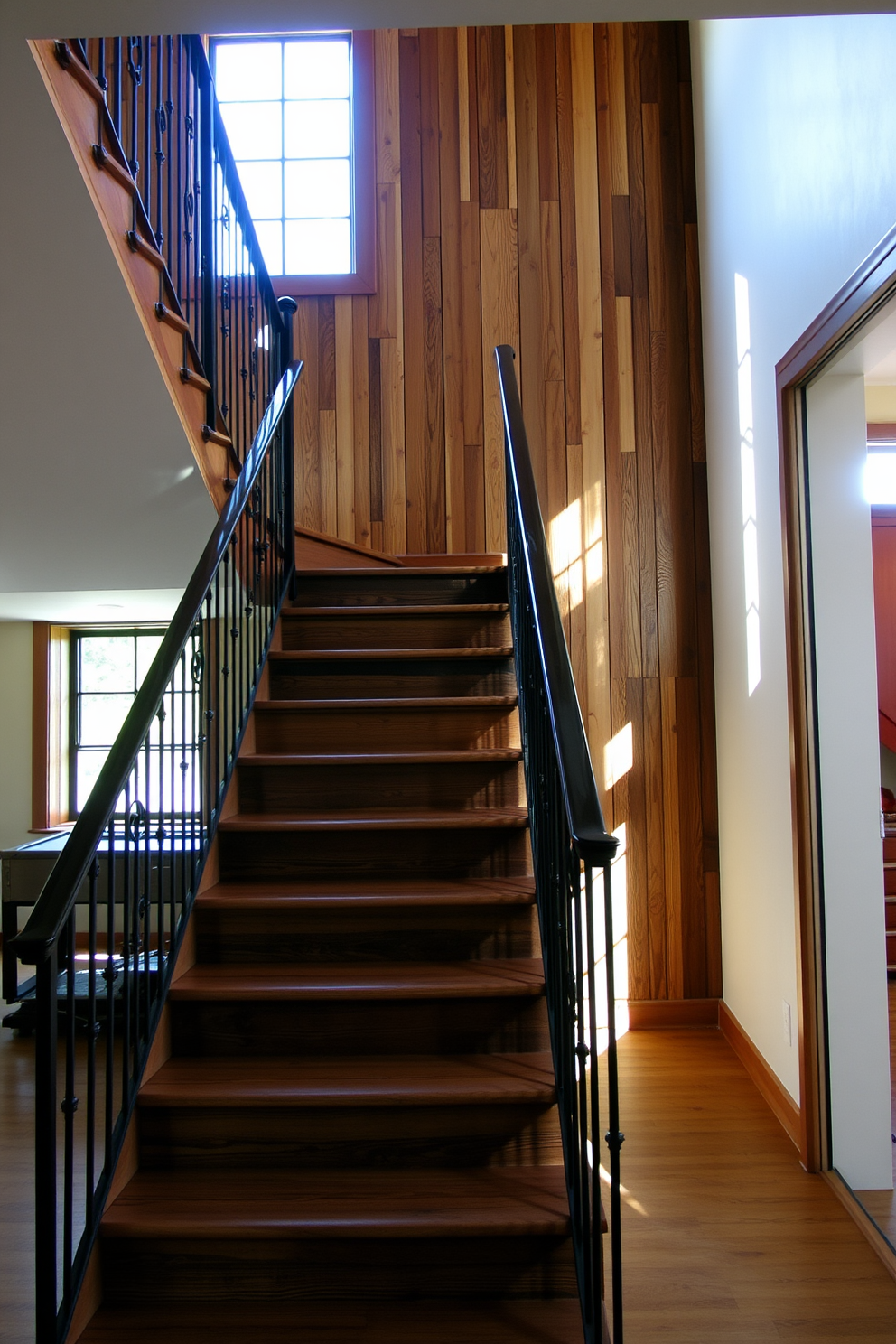 A beautiful staircase is adorned with reclaimed wood paneling that adds warmth and character to the space. The steps are wide and inviting, complemented by wrought iron railings that provide a touch of elegance. Natural light filters through a nearby window, casting soft shadows on the textured wood. The surrounding walls are painted in a soft neutral tone, enhancing the rustic charm of the staircase.