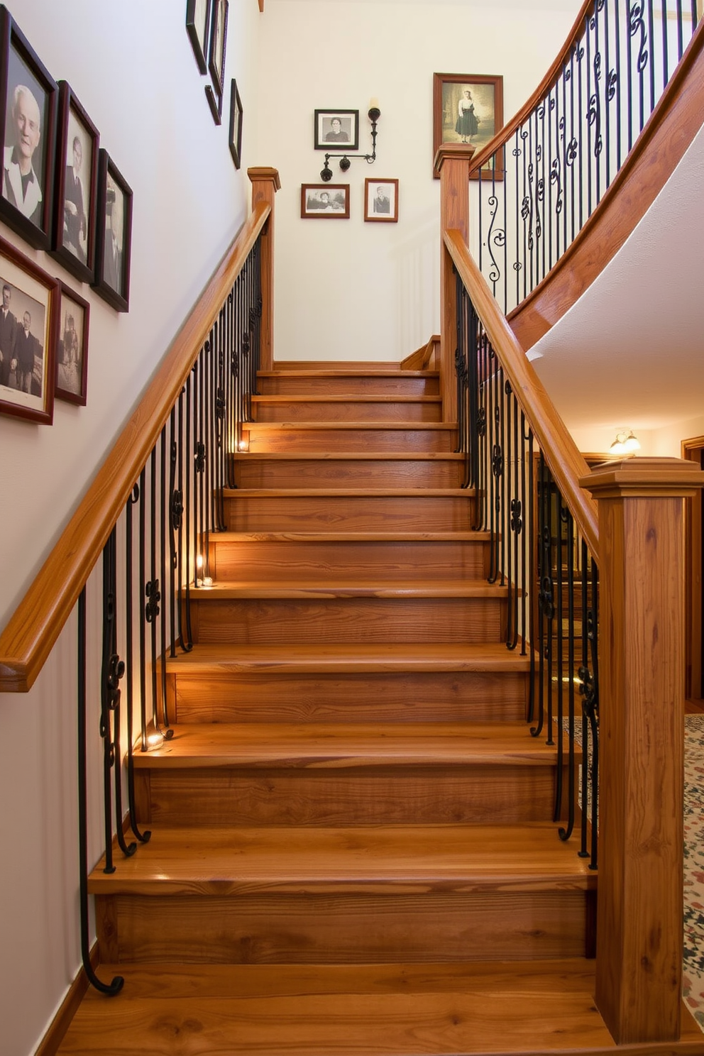 A rustic staircase featuring reclaimed barn wood steps and risers creates a warm and inviting atmosphere. The natural textures of the wood are complemented by wrought iron railings that enhance the staircase's charm. Surrounding the staircase, soft ambient lighting highlights the grain of the wood and casts gentle shadows. The walls are adorned with vintage photographs that add character and tell a story of the home's history.