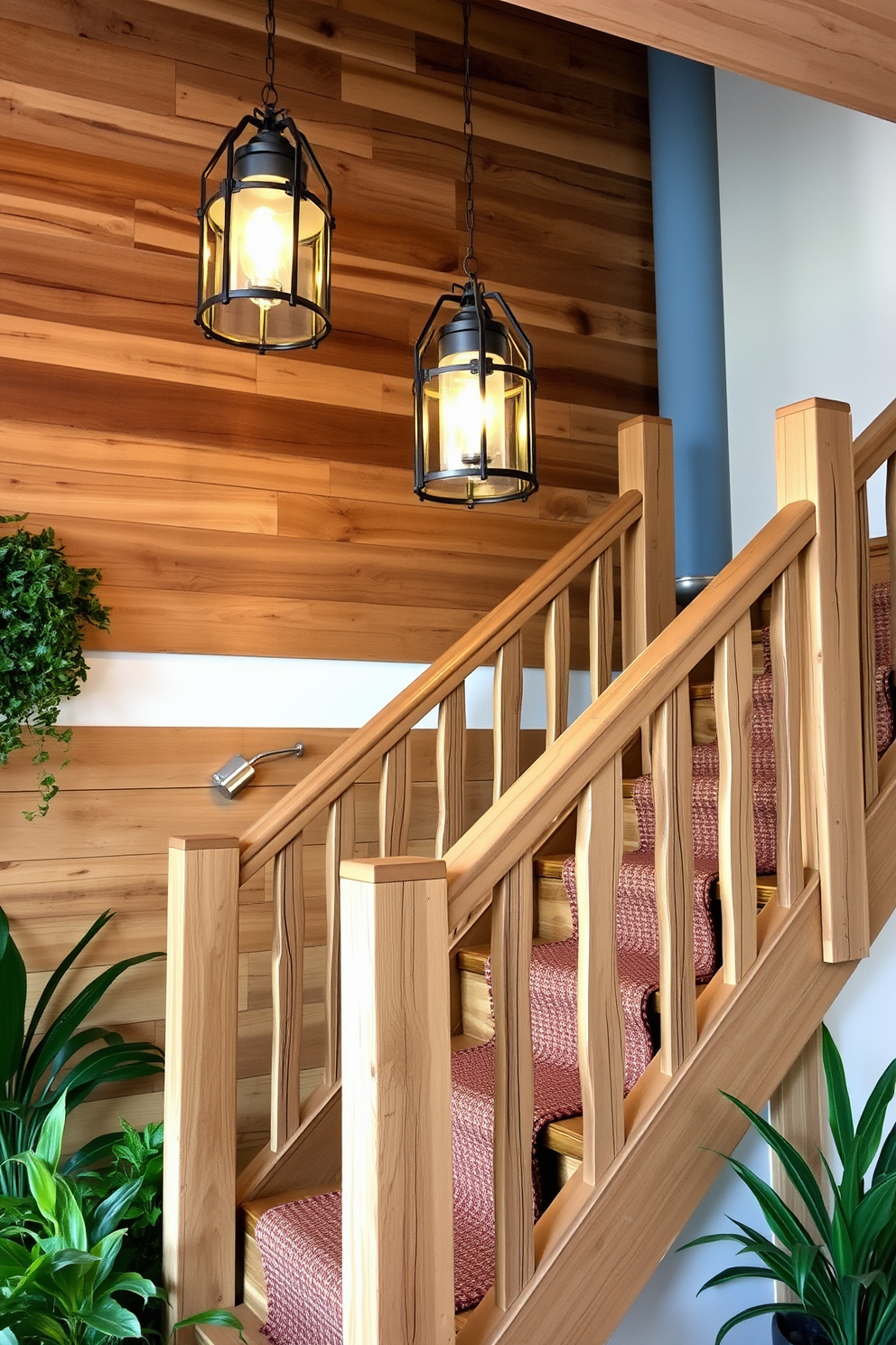 A rustic staircase made of reclaimed wood with a natural finish, featuring sturdy handrails crafted from wrought iron. Soft, warm lanterns are suspended from the ceiling, casting a gentle glow that highlights the textures of the wood and creates an inviting atmosphere. The staircase is adorned with a woven runner that adds a touch of comfort and color, complementing the rustic theme. Surrounding the staircase are potted plants that bring a touch of nature indoors, enhancing the overall charm of the space.