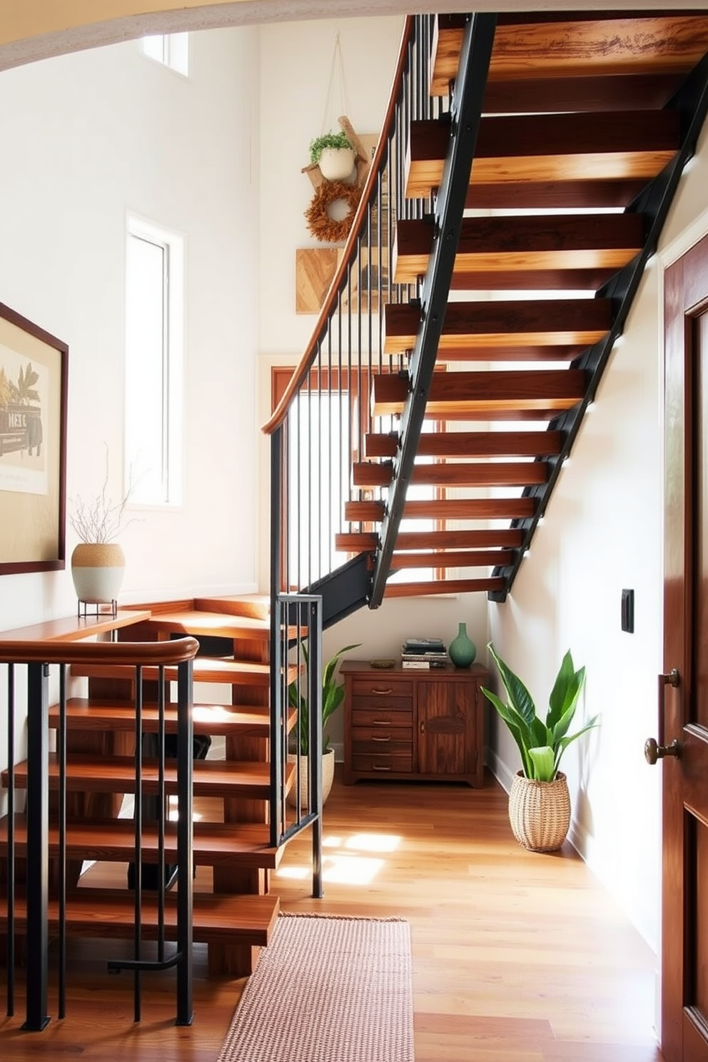 A rustic staircase with exposed wooden steps and metal stringers creates a striking focal point in the entryway. The warm tones of the wood contrast beautifully with the sleek industrial feel of the metal, enhancing the overall aesthetic of the space. Natural light filters through a nearby window, illuminating the staircase and highlighting the grain of the wood. Decorative elements such as potted plants or a woven runner can add warmth and character to the design.