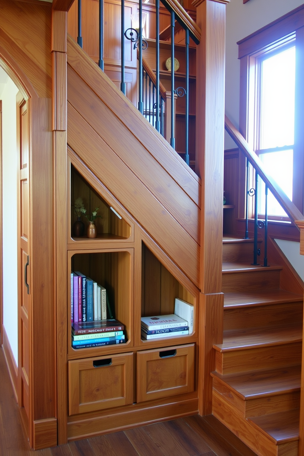 A wooden staircase features integrated storage solutions beneath each step, providing both functionality and style. The warm tones of the wood enhance the rustic charm, while decorative elements like wrought iron railings add an elegant touch. The staircase is designed with open shelving on the side, perfect for displaying books and decorative items. Natural light filters in through a nearby window, illuminating the rich grain of the wood and creating a welcoming atmosphere.