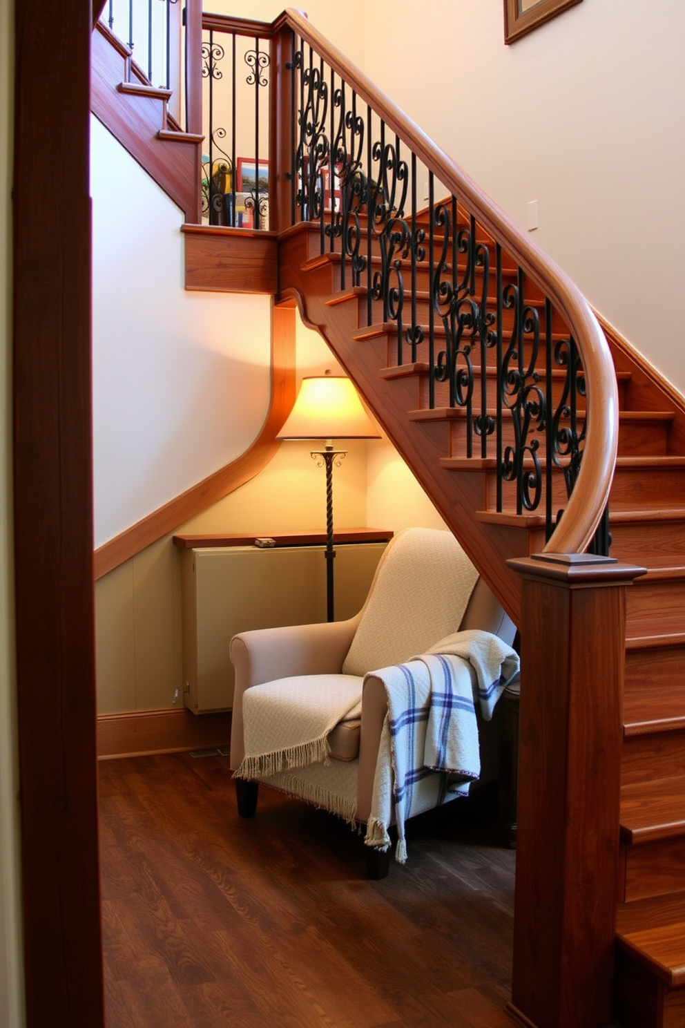 Rustic staircase with cozy reading nook. The staircase features wooden steps with a natural finish, complemented by a wrought iron railing. At the landing, a comfortable armchair is nestled in the corner, adorned with a soft throw blanket. Warm, ambient lighting from a nearby floor lamp creates an inviting atmosphere for reading.