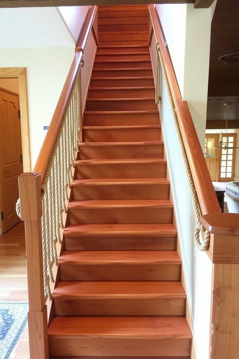 A rustic staircase design featuring wood and rope railing creates a warm and inviting atmosphere. The wooden treads are complemented by a sturdy rope handrail, enhancing the nautical theme throughout the space. Natural wood finishes are used for the staircase risers, adding texture and charm. Surrounding the staircase, soft lighting highlights the craftsmanship and adds to the cozy ambiance.