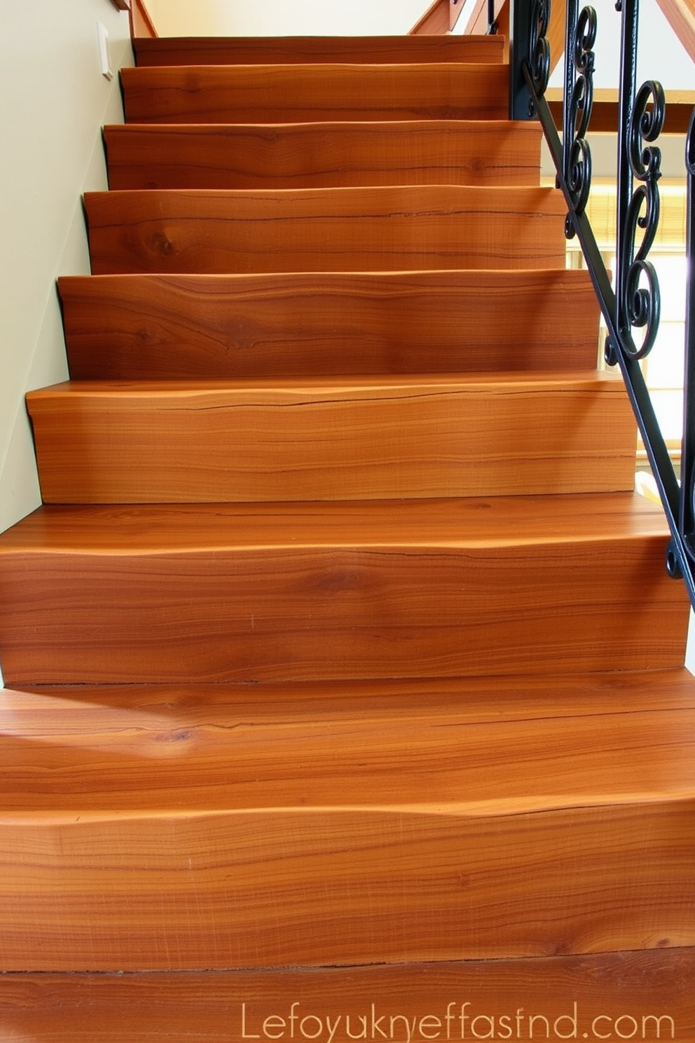 Rustic staircase featuring live edge wood with natural grain and texture. The steps are wide and sturdy, complemented by wrought iron railings that enhance the organic feel of the design.