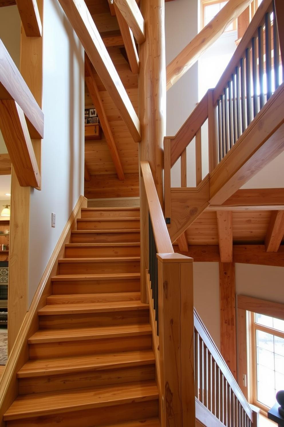 A timber frame staircase with exposed beams creates a warm and inviting focal point in the home. The natural wood finish complements the rustic decor, enhancing the overall charm of the space. The staircase features wide wooden steps and a sturdy handrail that showcases the craftsmanship. Soft lighting highlights the texture of the beams, adding depth and character to the design.