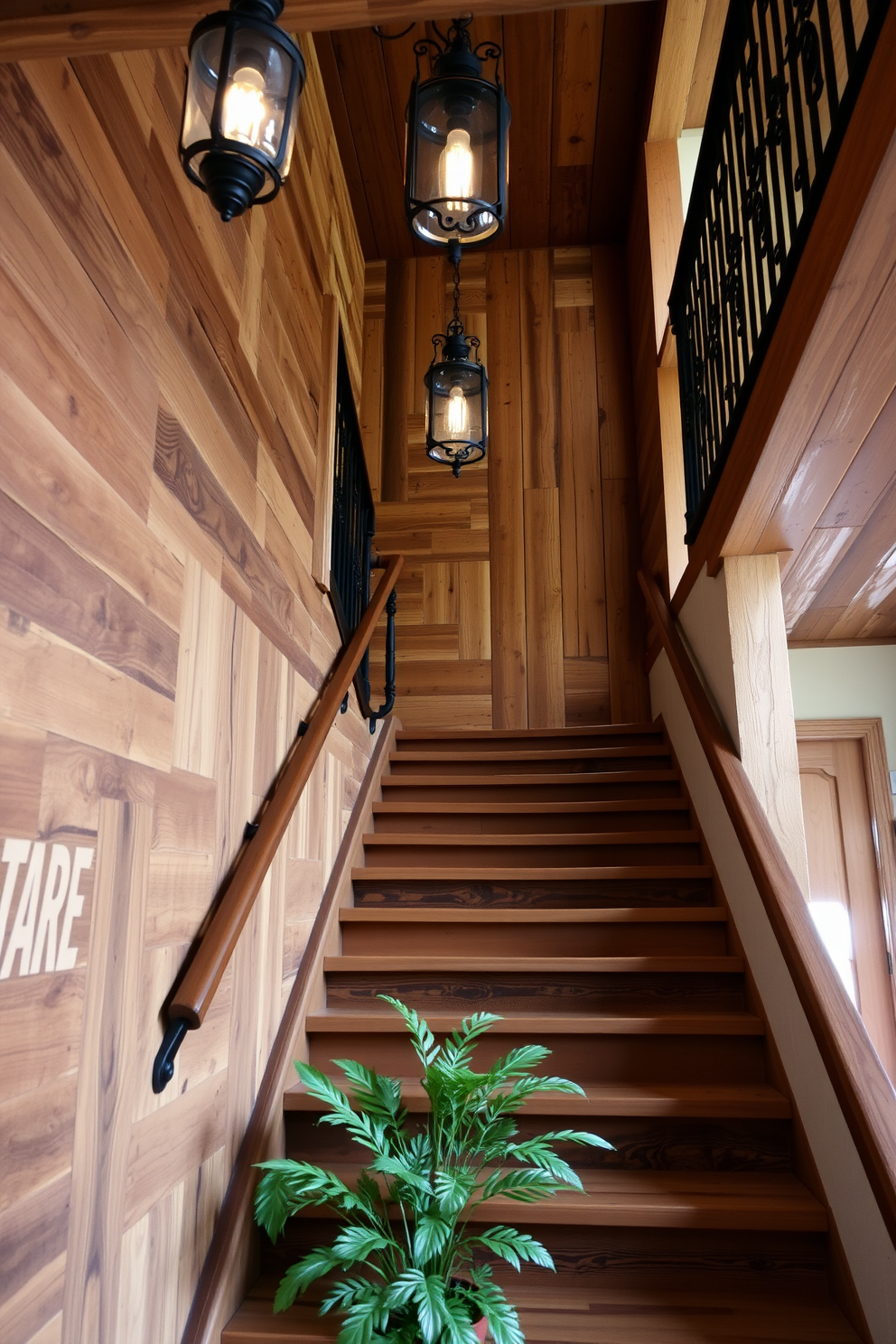 A rustic staircase made of reclaimed wood with natural grain visible throughout. Vintage light fixtures hang from the ceiling, casting a warm glow over the steps. The railing is crafted from wrought iron, featuring intricate designs that enhance the rustic charm. Potted greenery is placed at the base of the staircase, adding a touch of life to the space.