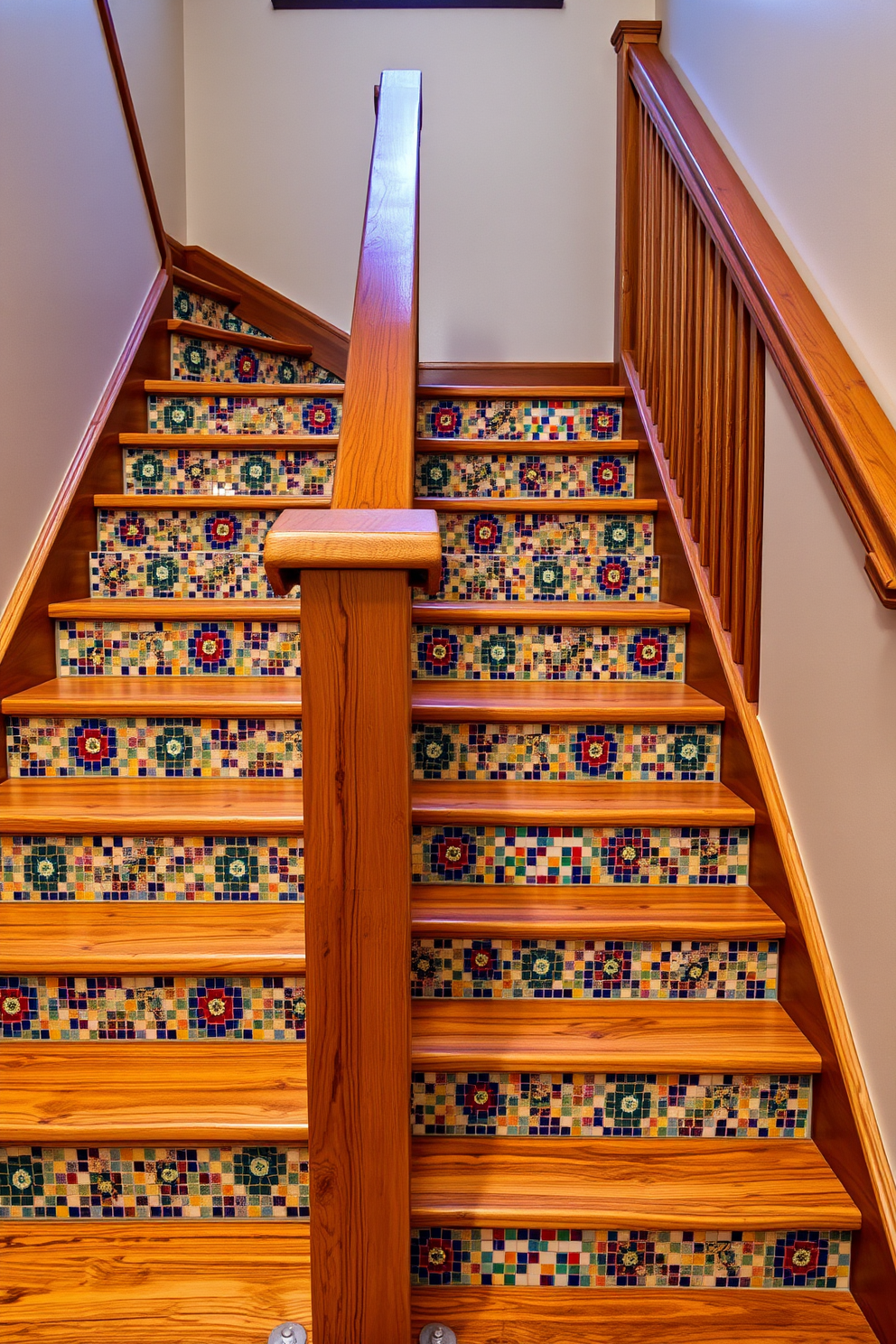 A wooden staircase with mosaic tile accents leads gracefully to the upper level. The warm tones of the wood contrast beautifully with the vibrant colors of the mosaic tiles that adorn the risers. The staircase features a sturdy handrail crafted from reclaimed wood, adding to its rustic charm. Soft ambient lighting highlights the intricate tile patterns, creating a welcoming atmosphere.