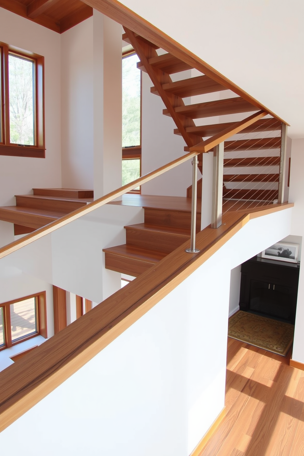 Open riser staircase with wood accents. The treads are made of rich oak, creating a warm contrast with the white walls. The handrail features sleek metal supports that enhance the modern aesthetic. Natural light floods the space through large windows, highlighting the beauty of the wood grain.