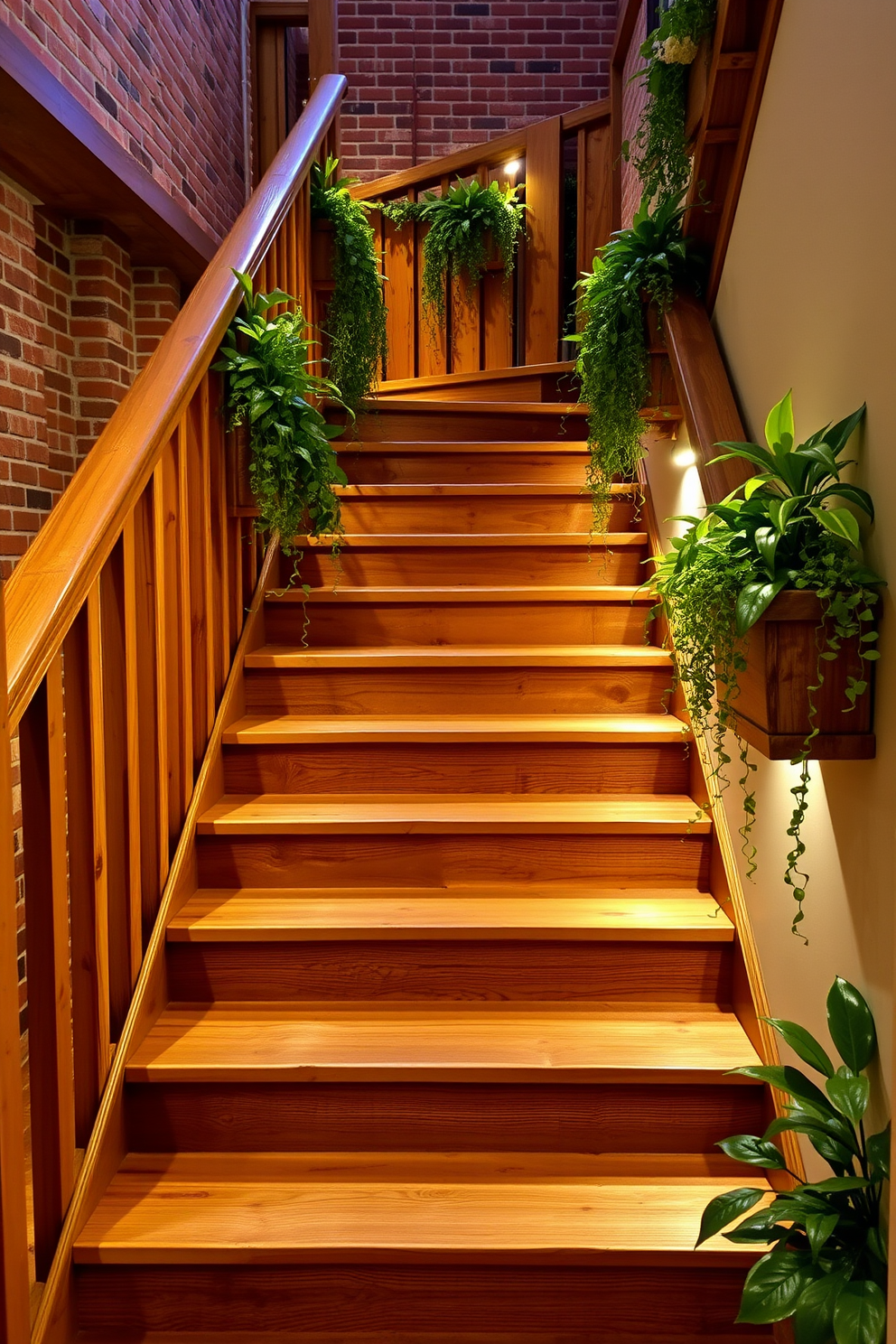 A rustic staircase with integrated planters features wooden steps crafted from reclaimed timber, showcasing natural knots and grain patterns. The planters are built into the staircase railing, filled with lush greenery that cascades down the sides, creating a vibrant, inviting atmosphere. The staircase walls are adorned with exposed brick, enhancing the rustic charm while providing a warm backdrop. Soft, ambient lighting illuminates the steps, highlighting the textures and colors of the wood and plants for a cozy feel.