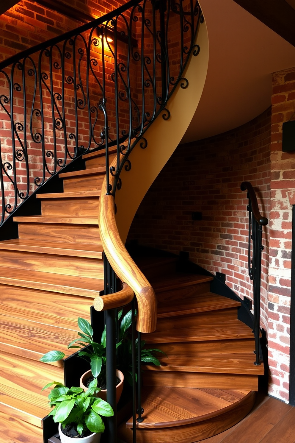 A spiral staircase with rustic charm features wooden treads and a wrought iron railing that adds character to the space. The staircase is surrounded by exposed brick walls and warm ambient lighting, creating a cozy and inviting atmosphere. The handrail is crafted from reclaimed wood, showcasing its natural grain and imperfections. Potted plants are placed at the base of the staircase, bringing a touch of greenery to the rustic design.