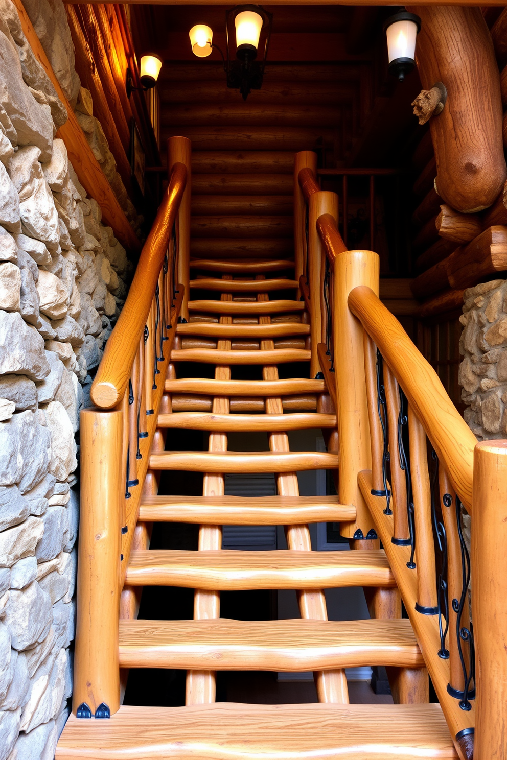 A log cabin style wooden staircase features sturdy, hand-hewn logs that create a warm and inviting atmosphere. The treads are wide and gently curved, showcasing the natural grain of the wood, while rustic railings made from branches add to the charm. Surrounding the staircase, stone walls provide a rugged backdrop, enhancing the cabin's cozy feel. Soft lighting from wrought iron fixtures casts a warm glow, highlighting the staircase's craftsmanship and inviting you to ascend.