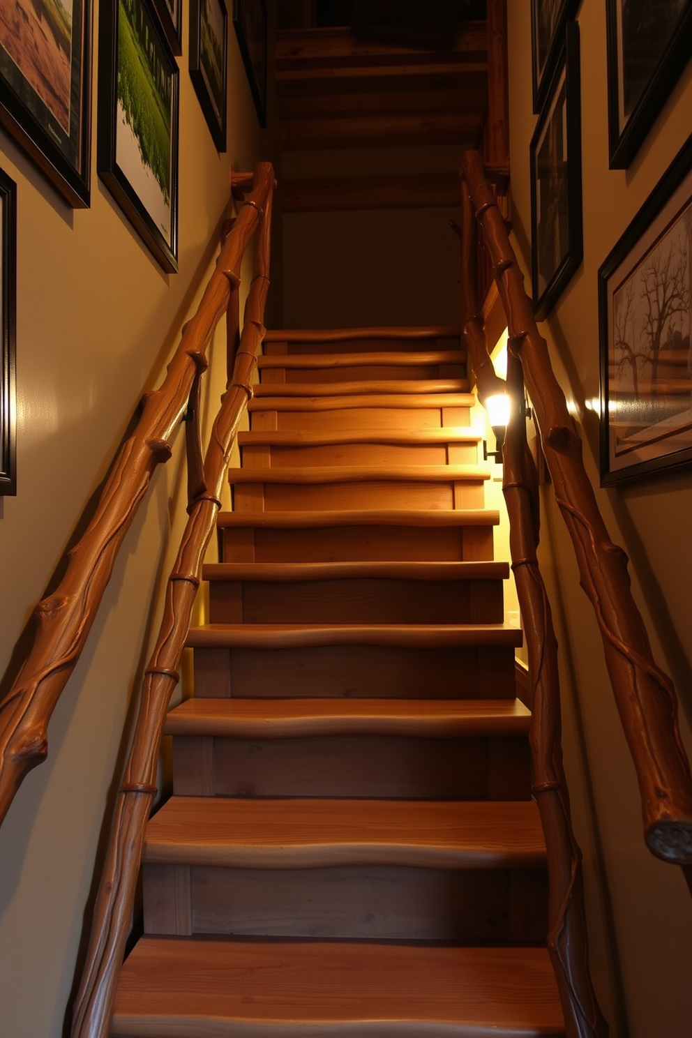 A rustic ladder-style staircase features wooden steps that are slightly worn, showcasing the natural grain and texture of the wood. The railing is made of thick, sturdy branches, adding an organic touch to the design while maintaining safety and stability. The staircase is illuminated by warm, ambient lighting that highlights the wood's rich tones. Surrounding the staircase, the walls are adorned with framed nature-inspired artwork, enhancing the rustic charm of the space.