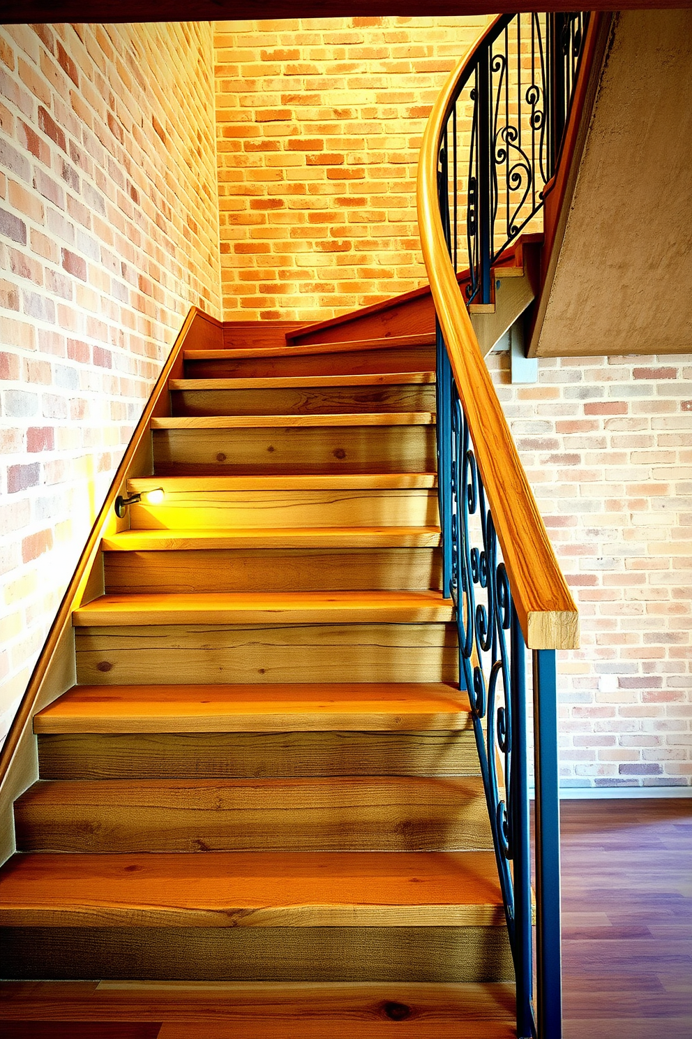 A rustic staircase design featuring a combination of reclaimed wood and wrought iron railings. The steps are crafted from weathered timber, showcasing natural knots and grain, while the railing adds a touch of elegance with its intricate metalwork. The staircase is illuminated by warm, ambient lighting that highlights the textures of the materials. Surrounding the staircase, a backdrop of exposed brick walls enhances the rustic charm of the space.