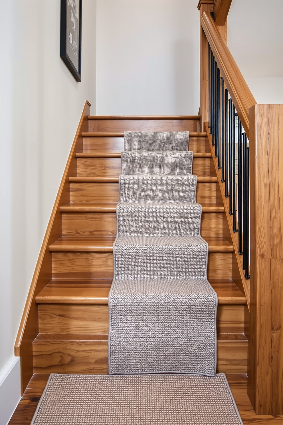 A rustic staircase features wide plank wood treads that add warmth and character. The staircase is complemented by a textured carpet runner that enhances the natural wood tones.