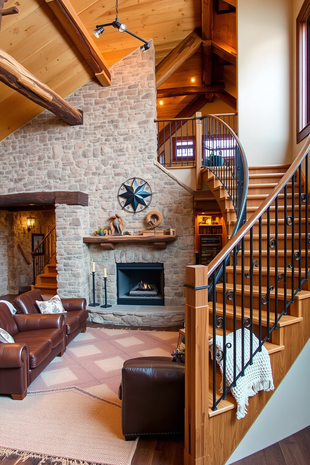 A cozy rustic living room featuring a combination of exposed stone walls and reclaimed wooden beams. A large stone fireplace serves as the focal point, surrounded by comfortable leather seating and a warm woolen rug. A charming rustic staircase with wooden treads and wrought iron railings leading to an open loft area. The staircase is adorned with natural wood accents and soft, ambient lighting that highlights the texture of the materials.