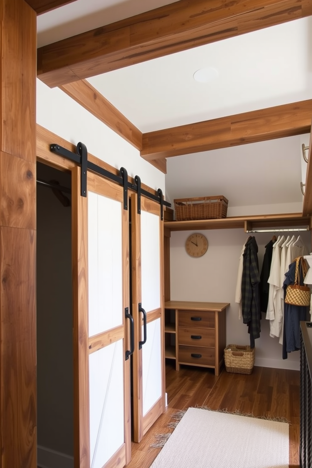 A rustic walk-in closet featuring exposed wooden beams that add warmth and character to the space. Sliding barn doors provide a stylish entryway, seamlessly blending functionality with a charming farmhouse aesthetic.