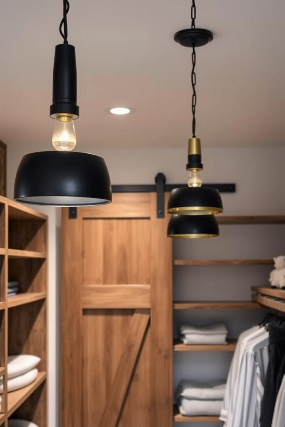 Chic pendant lighting for ambiance. The fixtures feature a blend of matte black and brushed gold finishes, suspended at varying heights to create visual interest. Rustic walk-in closet design ideas. The space incorporates reclaimed wood shelving and a sliding barn door, with soft, warm lighting that highlights the natural textures of the materials.