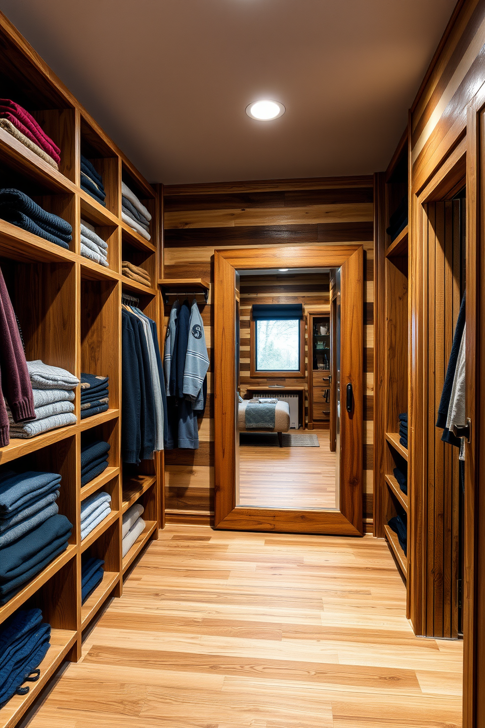 A rustic walk-in closet featuring natural wood accents throughout the space. The walls are lined with reclaimed wood panels, and the flooring consists of wide planks in a warm finish. Open shelving made of distressed wood showcases neatly folded sweaters and accessories. A large, full-length mirror with a wooden frame reflects the cozy ambiance created by soft, ambient lighting.