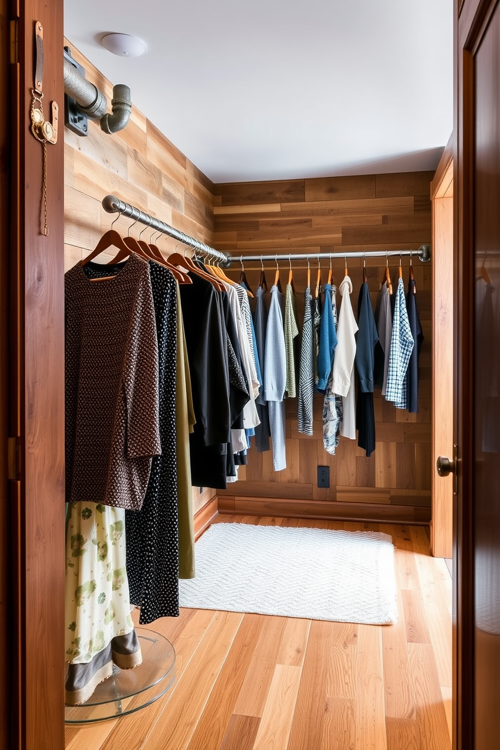 A rustic walk-in closet featuring industrial pipe clothing rods. The walls are adorned with reclaimed wood, and the floor is a warm hardwood that complements the natural tones of the space.