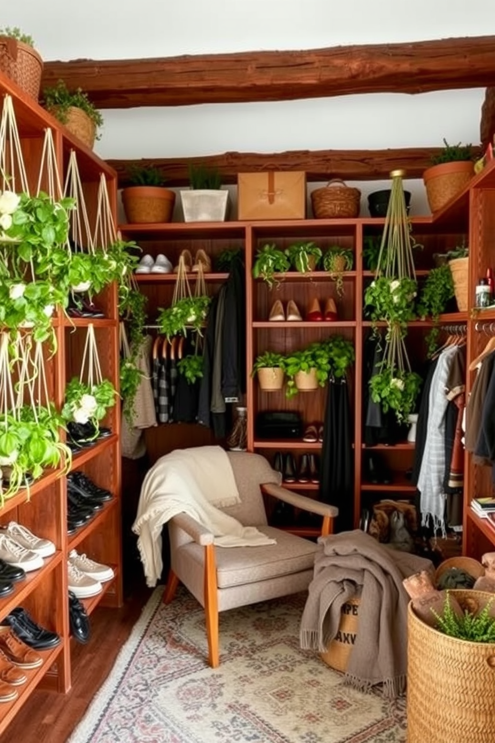 A rustic walk-in closet filled with hanging plants that bring a fresh touch to the space. The wooden shelves are lined with neatly arranged shoes and accessories, while a cozy armchair sits in the corner, draped with a soft blanket.