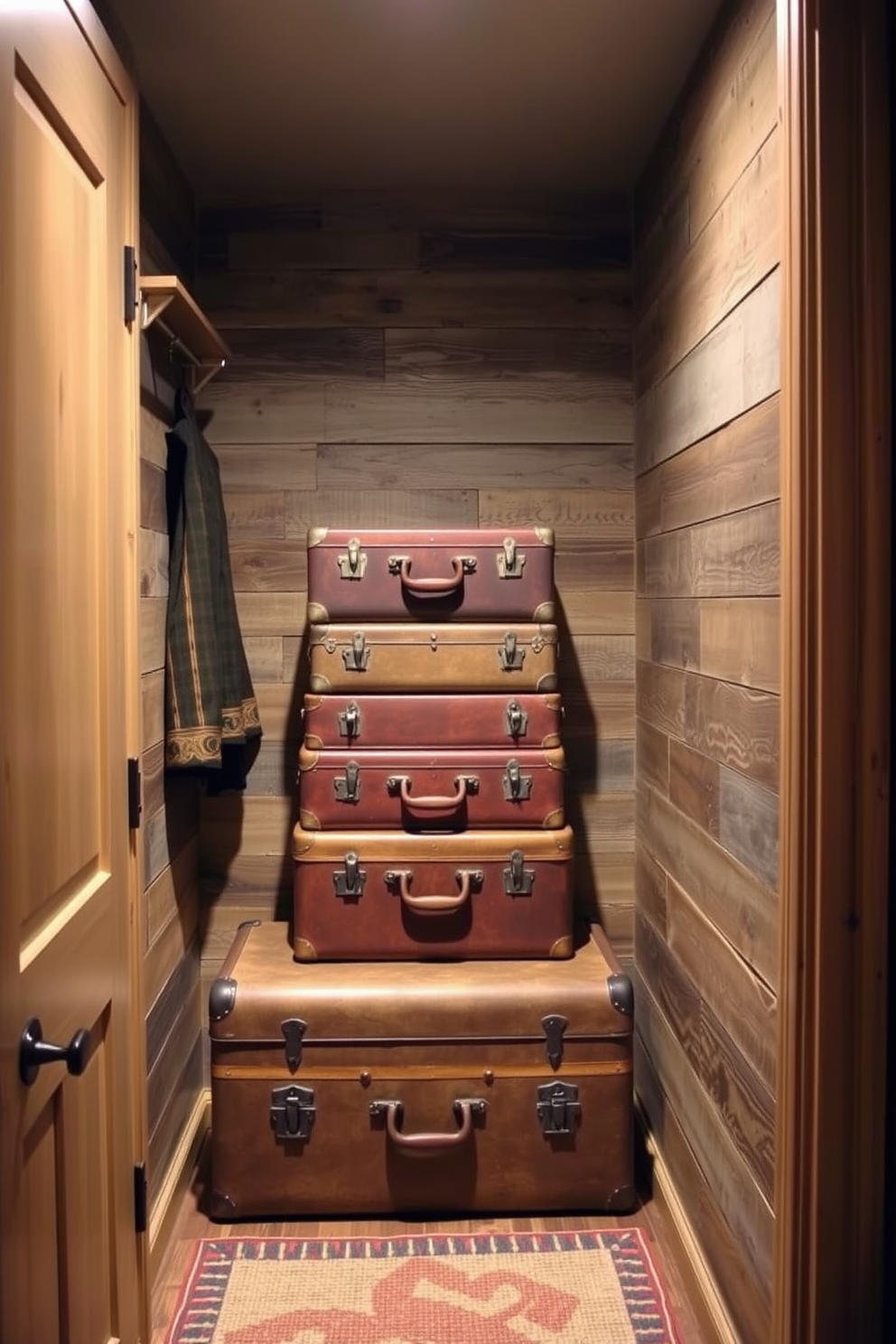 A cozy rustic walk-in closet featuring vintage suitcases stacked in one corner as decorative storage. The walls are adorned with reclaimed wood, and soft lighting creates a warm ambiance, enhancing the charm of the space.