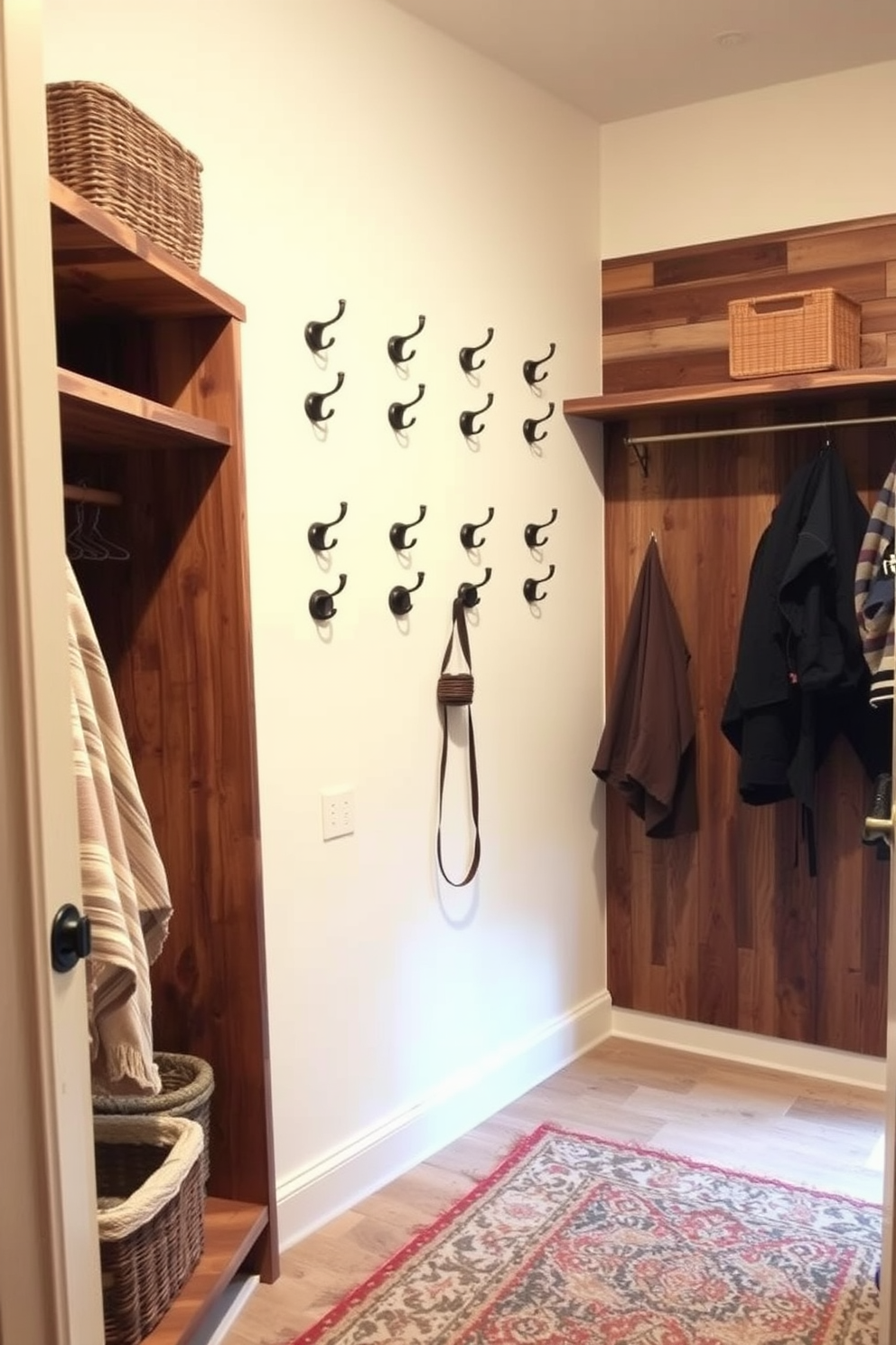 A rustic walk-in closet features wooden wall-mounted hooks arranged neatly for hanging accessories. The space is adorned with reclaimed wood shelves and a cozy area rug to enhance the warm, inviting atmosphere.