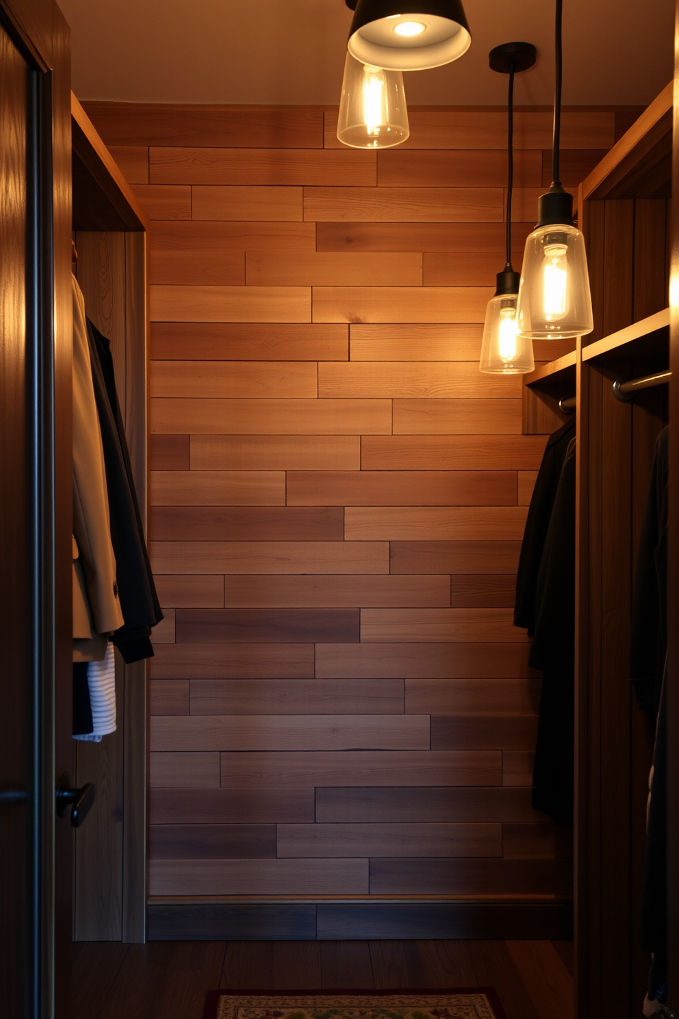 A rustic walk-in closet featuring an accent wall made of reclaimed wood. The space is illuminated by warm pendant lighting, creating a cozy atmosphere.