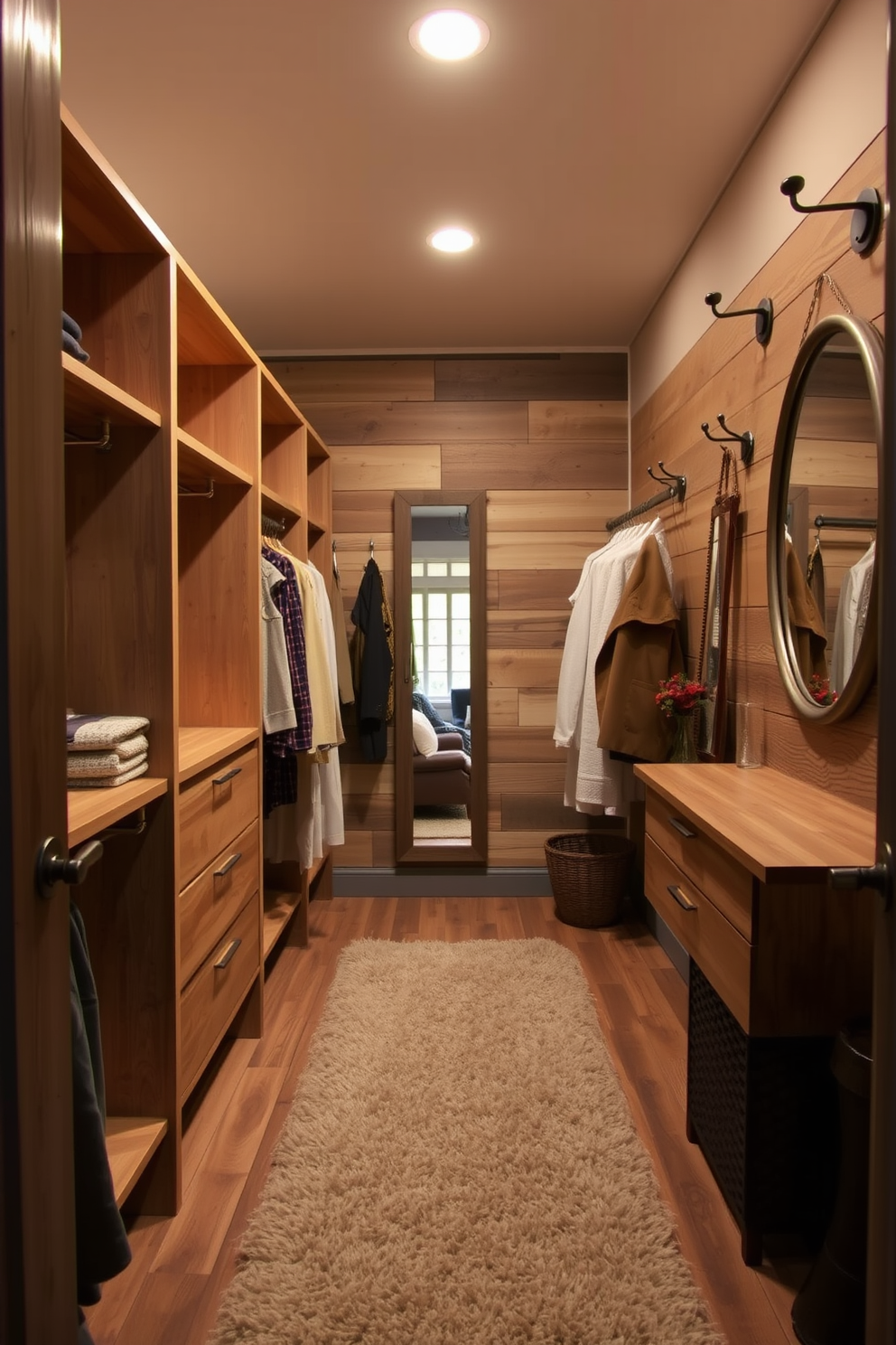 Soft lighting casts a warm glow throughout the rustic walk-in closet, highlighting the natural wood shelving and hanging rods. A plush area rug lies underfoot, adding comfort and a touch of elegance to the space. The walls are adorned with reclaimed wood panels, creating a cozy and inviting atmosphere. Vintage-inspired hooks and a full-length mirror enhance the charm and functionality of the closet.