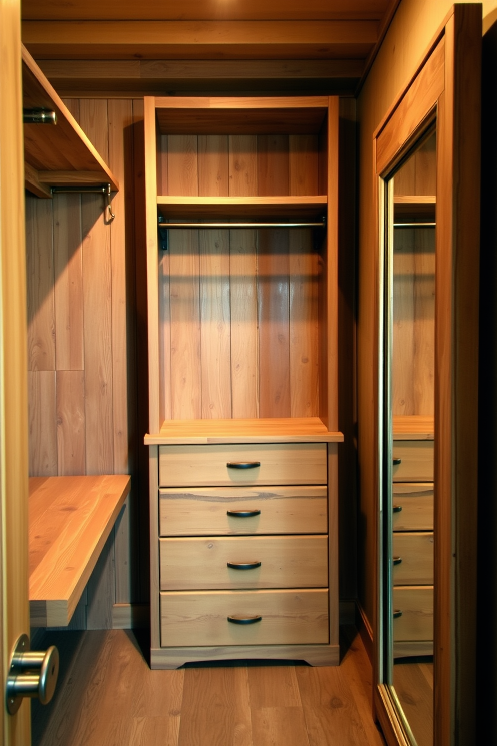 A rustic walk-in closet featuring distressed wooden furniture creates a warm and inviting atmosphere. The shelves are made from reclaimed wood, and the hanging rods are wrought iron, adding to the rustic charm. Soft, ambient lighting highlights the textures of the distressed furniture while providing a cozy feel. A large, vintage-style mirror is positioned against one wall, enhancing the space and reflecting its rustic elegance.