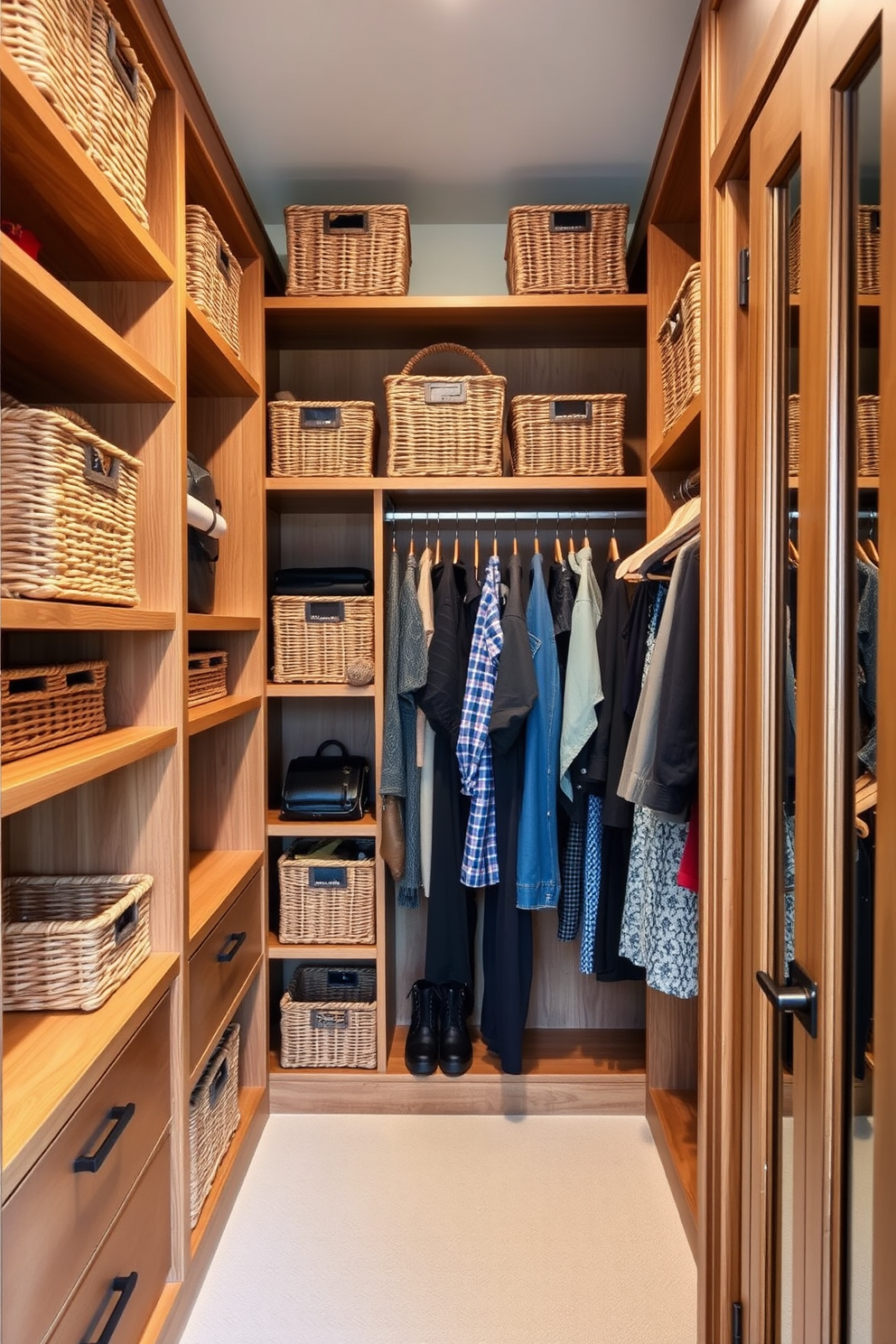 Open shelving with woven baskets creates an inviting and organized space. The natural textures of the baskets complement the wood tones of the shelves, enhancing the rustic charm. In this walk-in closet design, ample space allows for a seamless flow of movement. Soft lighting highlights the carefully arranged accessories and clothing, making it both functional and aesthetically pleasing.