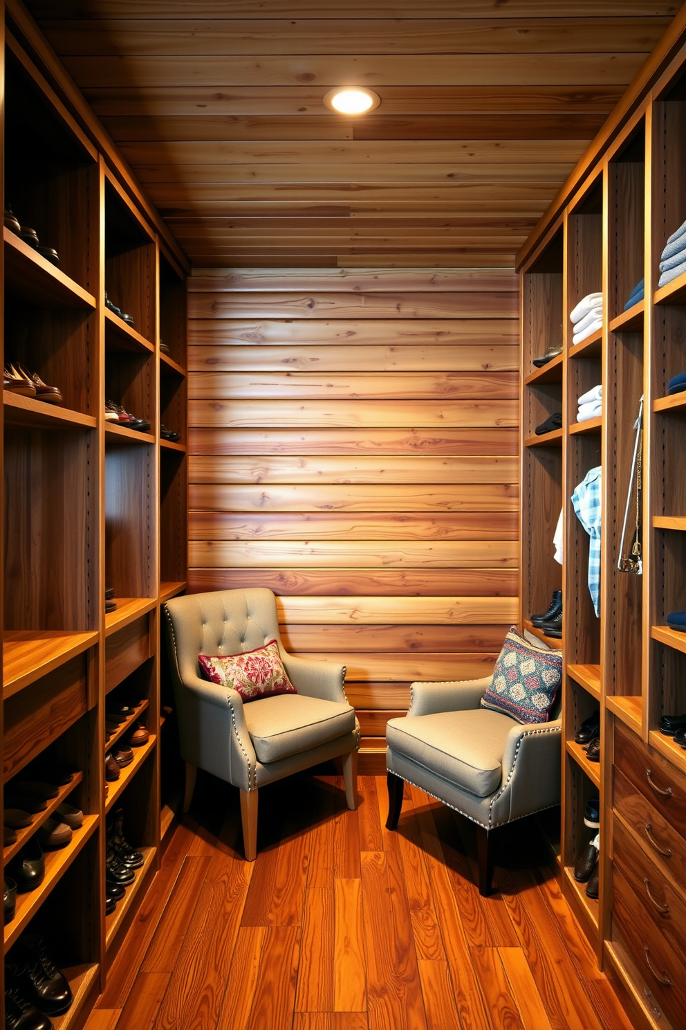 A rustic walk-in closet featuring cedar planks that exude a warm and inviting fragrance. The space is adorned with open shelving for shoes and accessories, complemented by a cozy armchair in the corner for relaxation.