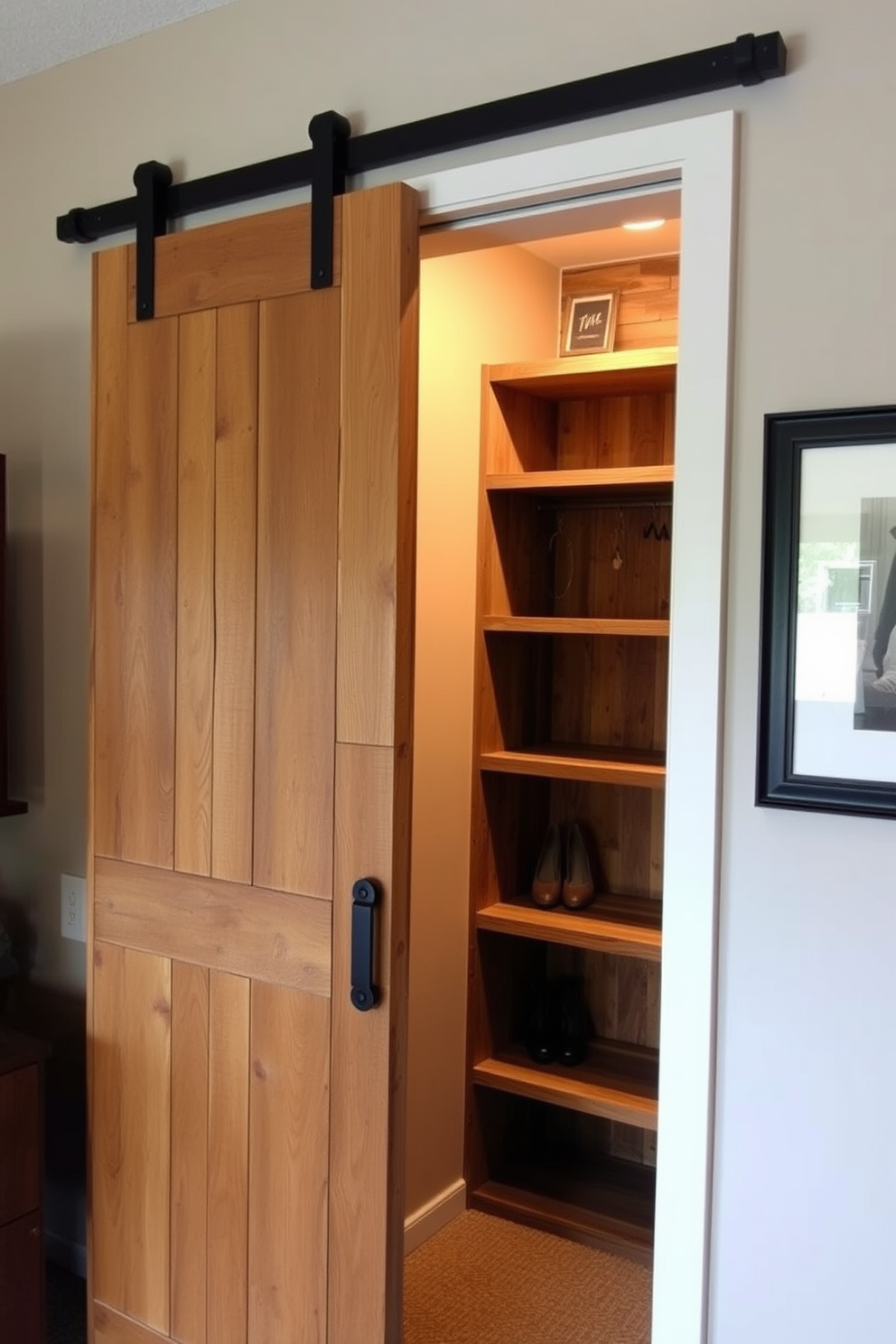 A rustic sliding door made of reclaimed wood adds charm and privacy to the space. The door features wrought iron hardware that complements the earthy tones of the surrounding decor. The walk-in closet showcases open shelving made from distressed wood, providing ample storage for shoes and accessories. Soft ambient lighting highlights the natural textures and creates a warm, inviting atmosphere.