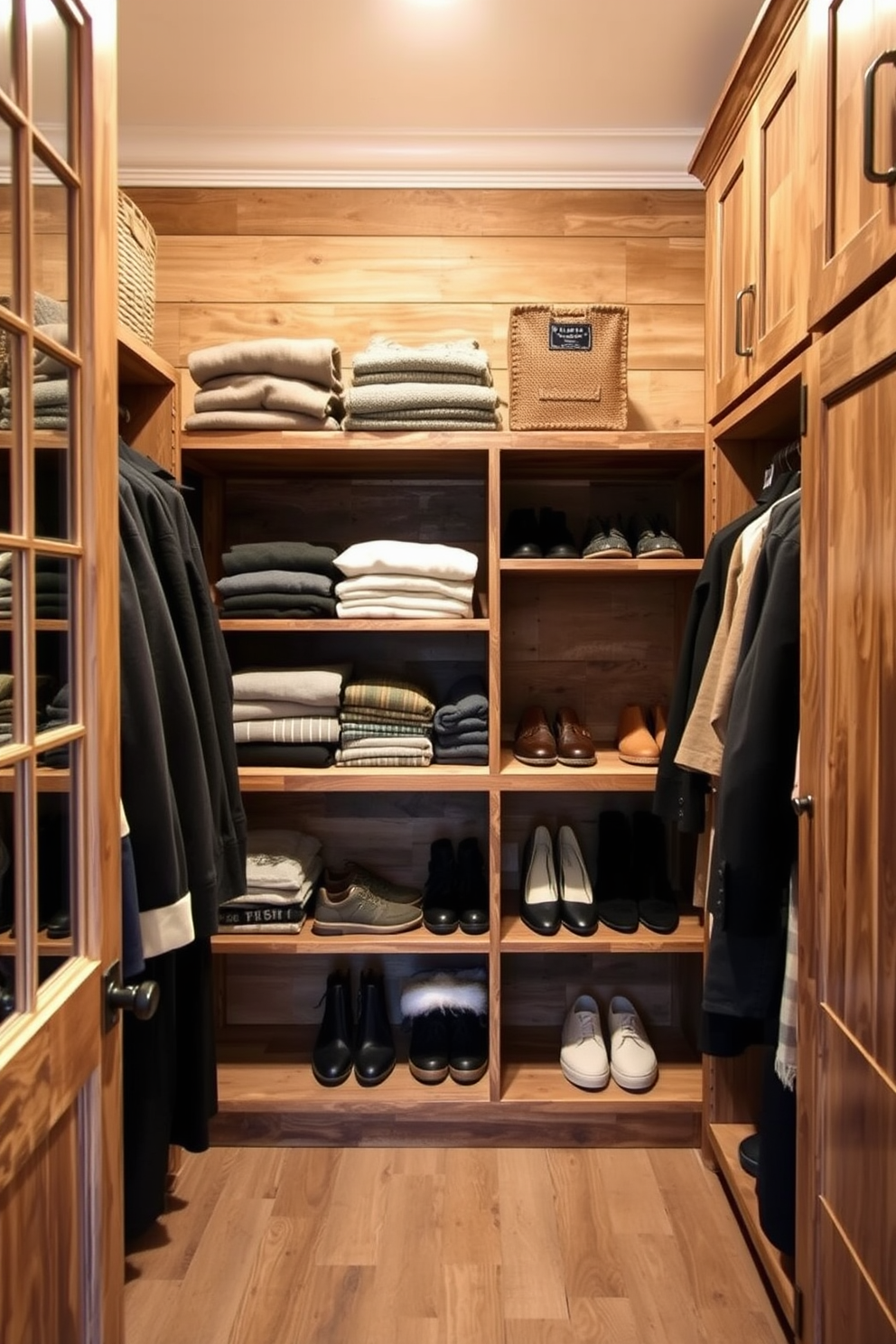 A rustic walk-in closet features a blend of open shelving and closed cabinets to create a functional yet stylish space. The open shelves are made of reclaimed wood, displaying neatly folded sweaters and shoes, while the closed cabinets provide hidden storage for seasonal items.