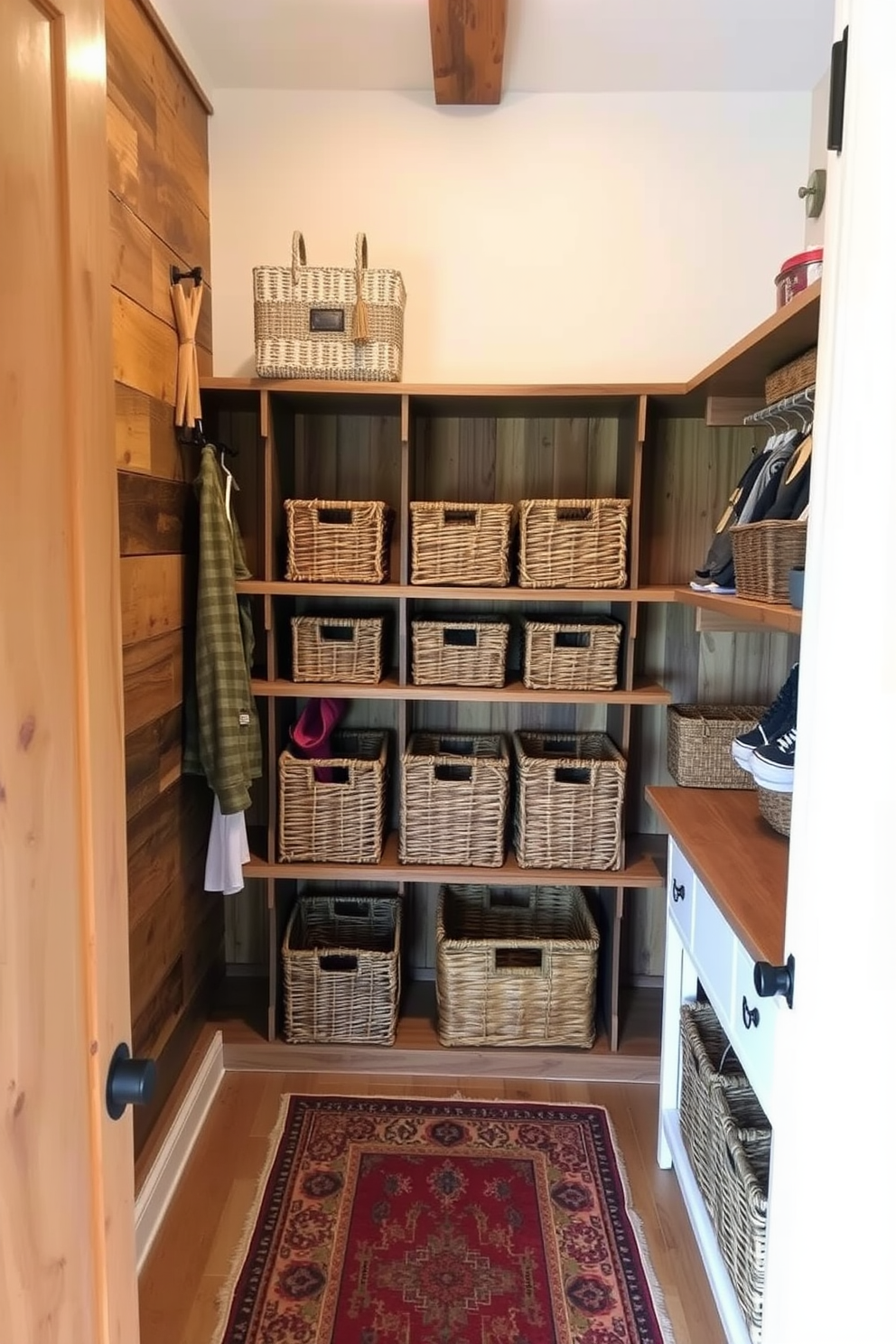 A rustic walk-in closet features woven baskets arranged on wooden shelves to provide organized storage. The walls are lined with reclaimed wood, and a cozy area rug adds warmth to the space.