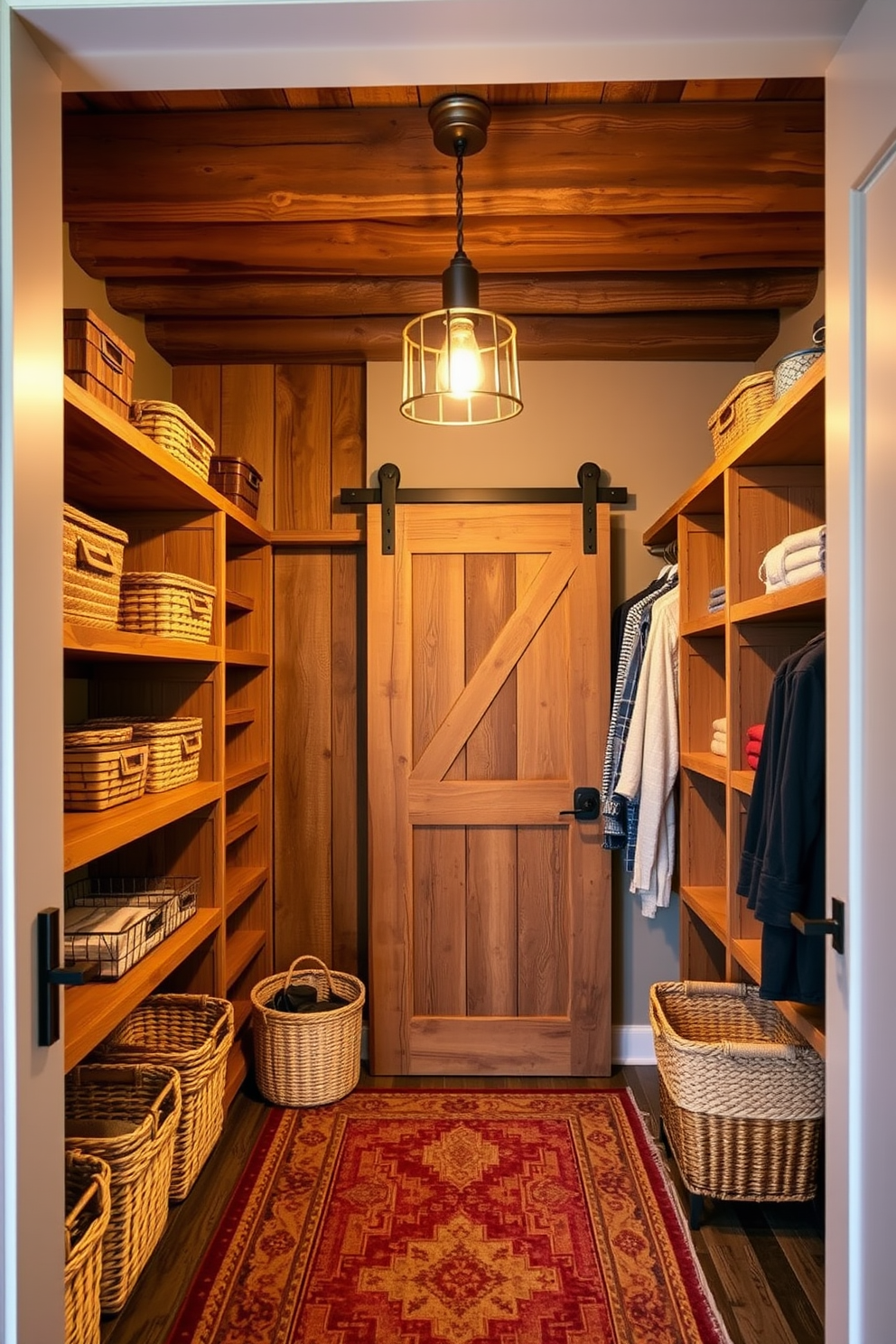 A rustic walk-in closet features reclaimed wood shelves and a sliding barn door that adds charm. The space is illuminated by warm pendant lights hanging from a wooden beam ceiling, creating a cozy atmosphere. Natural fiber baskets are used for storage, complementing the wooden accents throughout. A vintage-style rug adds texture to the floor, enhancing the rustic feel of the closet.