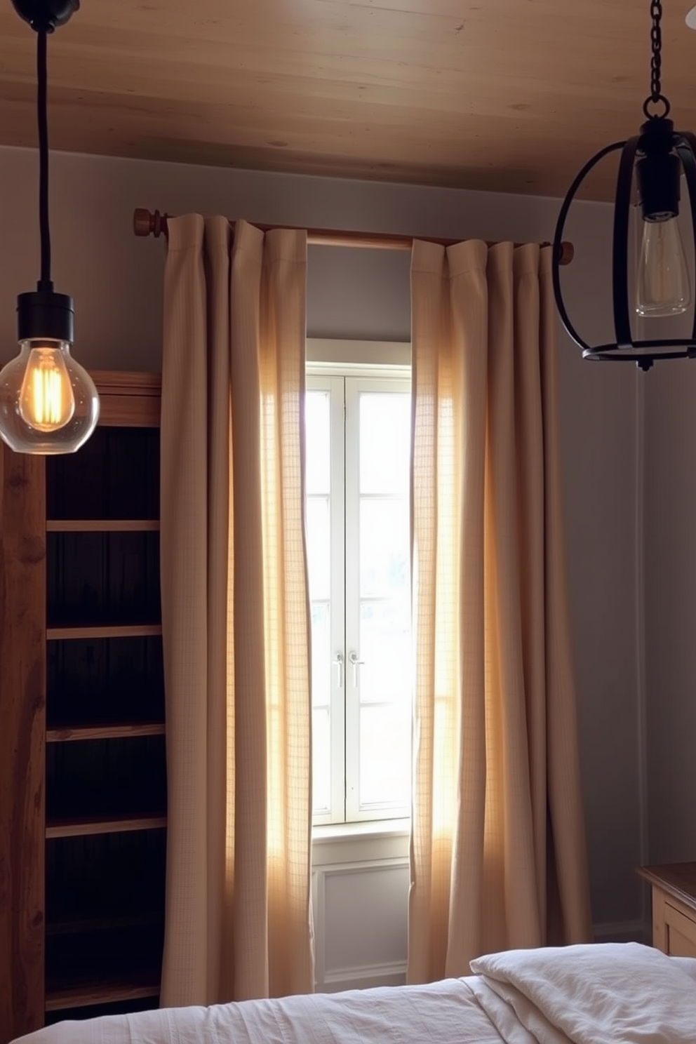 Natural fiber curtains drape elegantly from a wooden rod, allowing soft, diffused light to filter into the room. The curtains are in a warm beige tone, complementing the rustic charm of the space. The walk-in closet features reclaimed wood shelves and a distressed finish, creating a cozy yet functional storage area. Vintage-inspired lighting fixtures hang from the ceiling, adding a touch of warmth and character to the design.