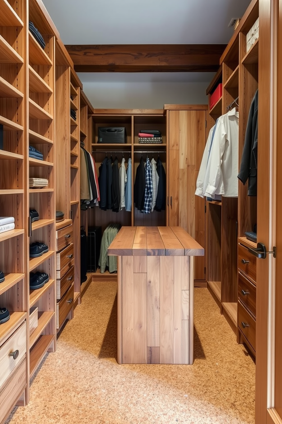 A rustic walk-in closet featuring cork flooring that adds warmth and texture to the space. The closet is designed with open wooden shelving and a central island topped with a reclaimed wood surface for added functionality.