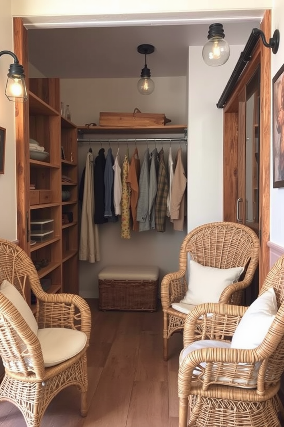 Charming wicker chairs for seating. These chairs feature intricate weaving patterns and soft cushions in a light pastel color, creating a cozy and inviting atmosphere. Rustic walk-in-closet design ideas. The closet showcases reclaimed wood shelving and hanging rods, complemented by vintage-style lighting fixtures that enhance the warm, rustic charm.