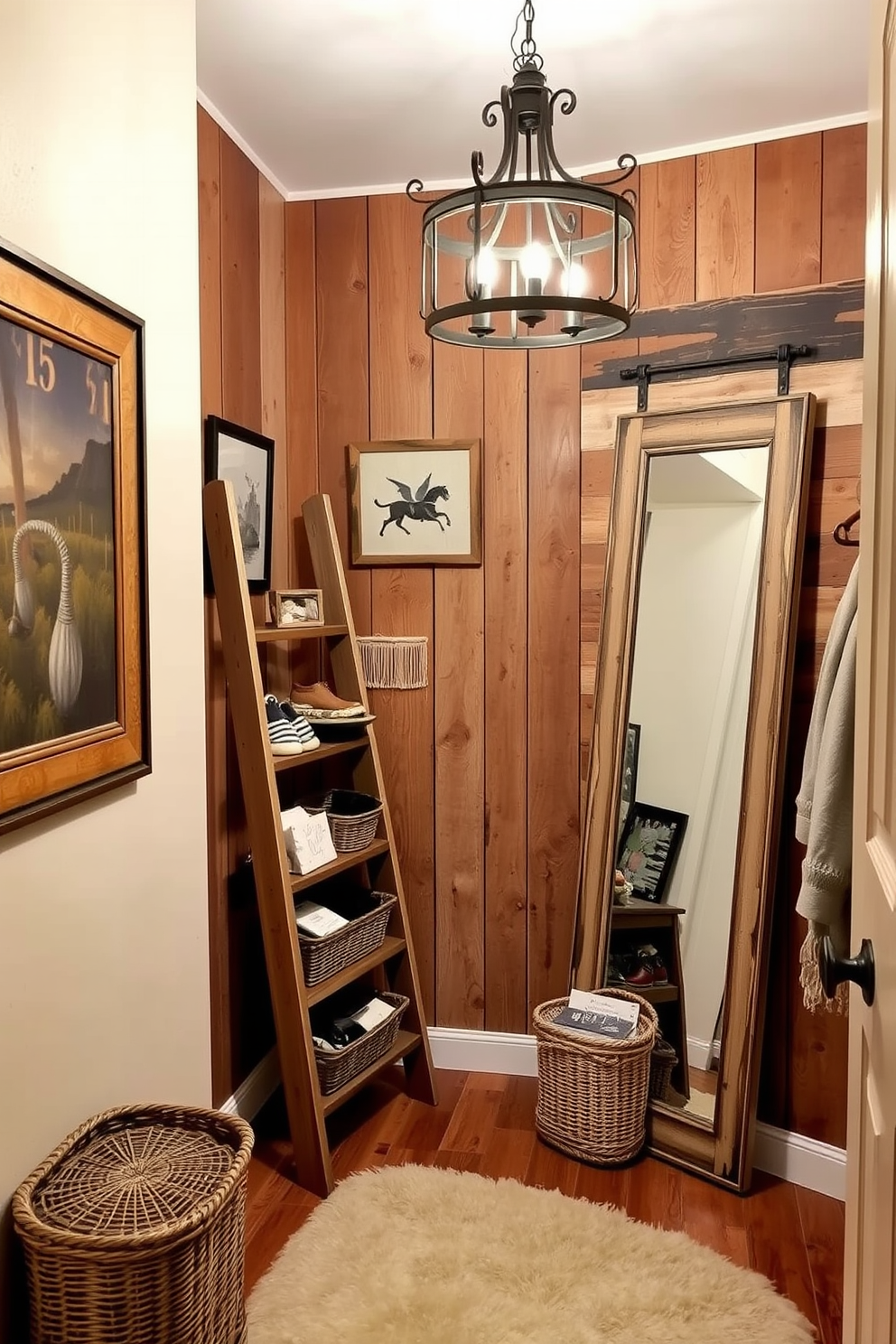 A cozy walk-in closet featuring rustic artwork and decor accents. The walls are adorned with reclaimed wood panels, and a vintage chandelier hangs from the ceiling, casting a warm glow. In one corner, a wooden ladder leans against the wall, displaying woven baskets filled with accessories. A large mirror with a distressed frame reflects the space, while a plush area rug adds comfort underfoot.