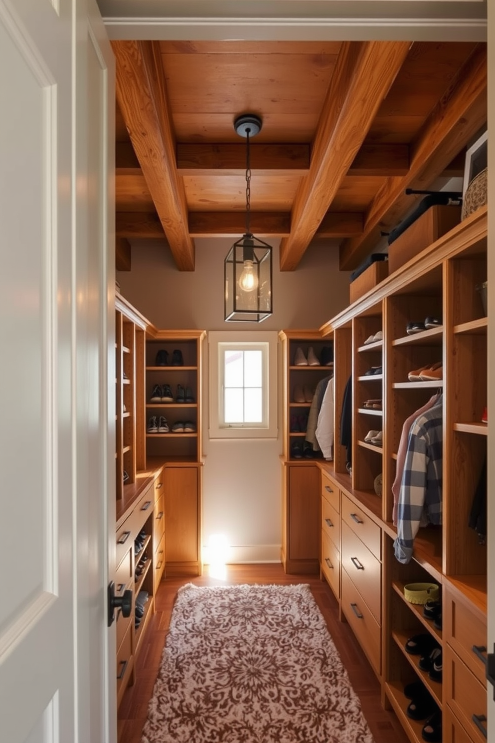 A cozy walk-in closet featuring hanging pendant lights that exude rustic charm. The wooden beams on the ceiling complement the warm tones of the shelving and cabinetry, creating an inviting atmosphere. The space is organized with open shelving for shoes and accessories, while a plush area rug adds comfort underfoot. Natural light filters in through a small window, enhancing the earthy color palette of the room.