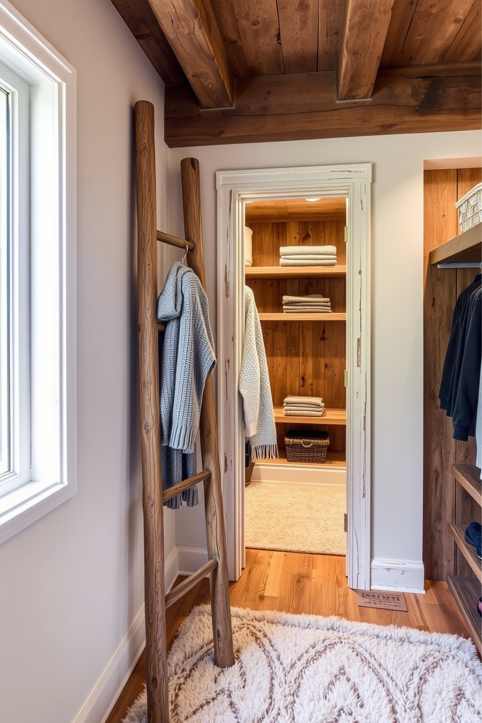 A rustic ladder made of reclaimed wood leans against a wall, providing a charming solution for hanging clothes. The ladder is adorned with cozy knitted sweaters and scarves, enhancing the warm and inviting atmosphere of the space. The walk-in closet features exposed wooden beams and rustic shelving crafted from reclaimed barn wood. Soft ambient lighting highlights the natural textures, while a plush area rug adds comfort underfoot.