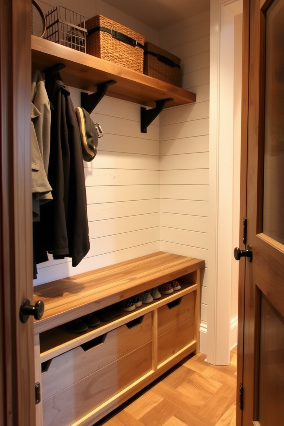 A cozy rustic walk-in closet features a built-in bench made of reclaimed wood with shoe storage underneath. The walls are adorned with shiplap, and warm lighting creates an inviting atmosphere.