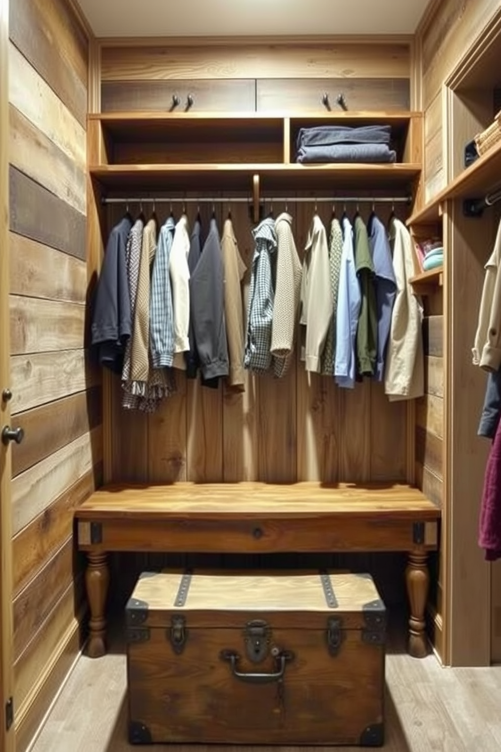 A charming rustic walk-in closet features an antique trunk serving as a unique storage solution. The trunk, made of weathered wood, is placed at the foot of a vintage-style wooden bench surrounded by open shelving and hanging space for clothes. The walls are adorned with reclaimed wood paneling, adding warmth and character to the space. Soft, ambient lighting illuminates the closet, highlighting the textures of the fabrics and accessories displayed.