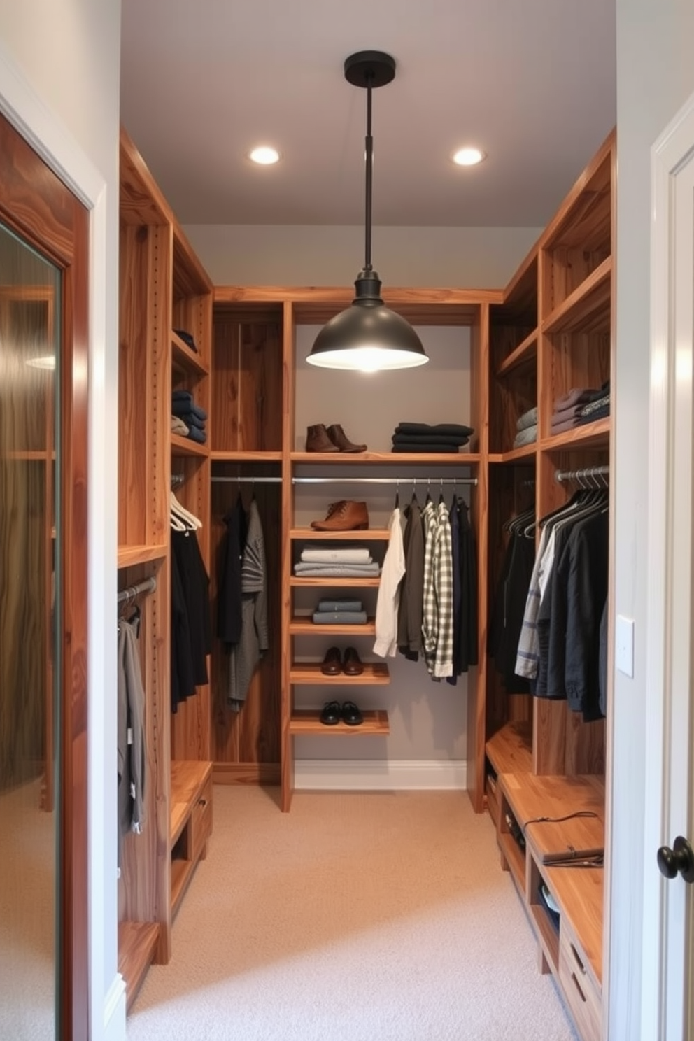 A rustic walk-in closet features reclaimed wood shelving units that provide ample storage while adding a warm and inviting touch. The space is illuminated by soft pendant lighting, creating a cozy atmosphere for organizing and displaying your wardrobe.