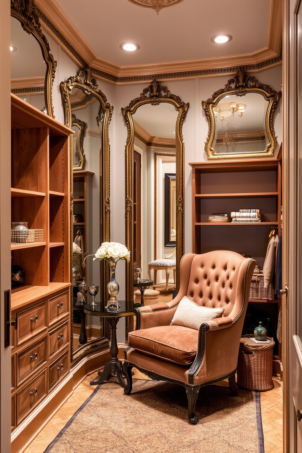 A vintage walk-in closet featuring ornate mirrors that reflect light and enhance the spacious feel. The walls are adorned with soft pastel colors, and the wooden shelving is complemented by elegant brass fixtures. The closet includes a plush seating area with a vintage armchair and a small side table. Rich textures like velvet and woven baskets add warmth and character to the rustic design.